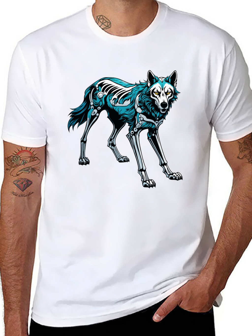 Black T-Shirt with Wolf Skeleton Graphic