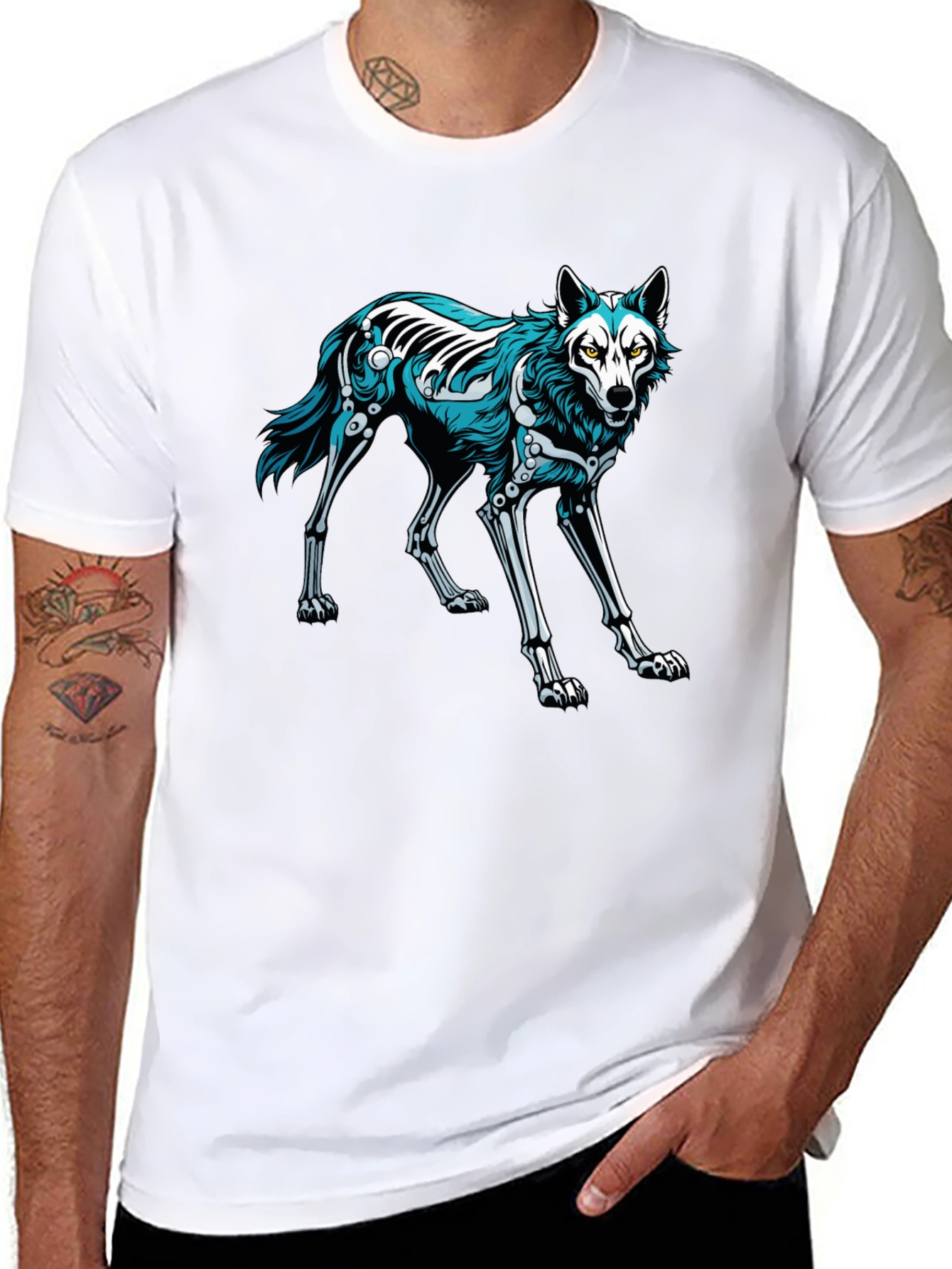 Black T-Shirt with Wolf Skeleton Graphic