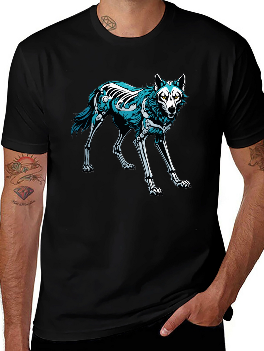 Black T-Shirt with Wolf Skeleton Graphic