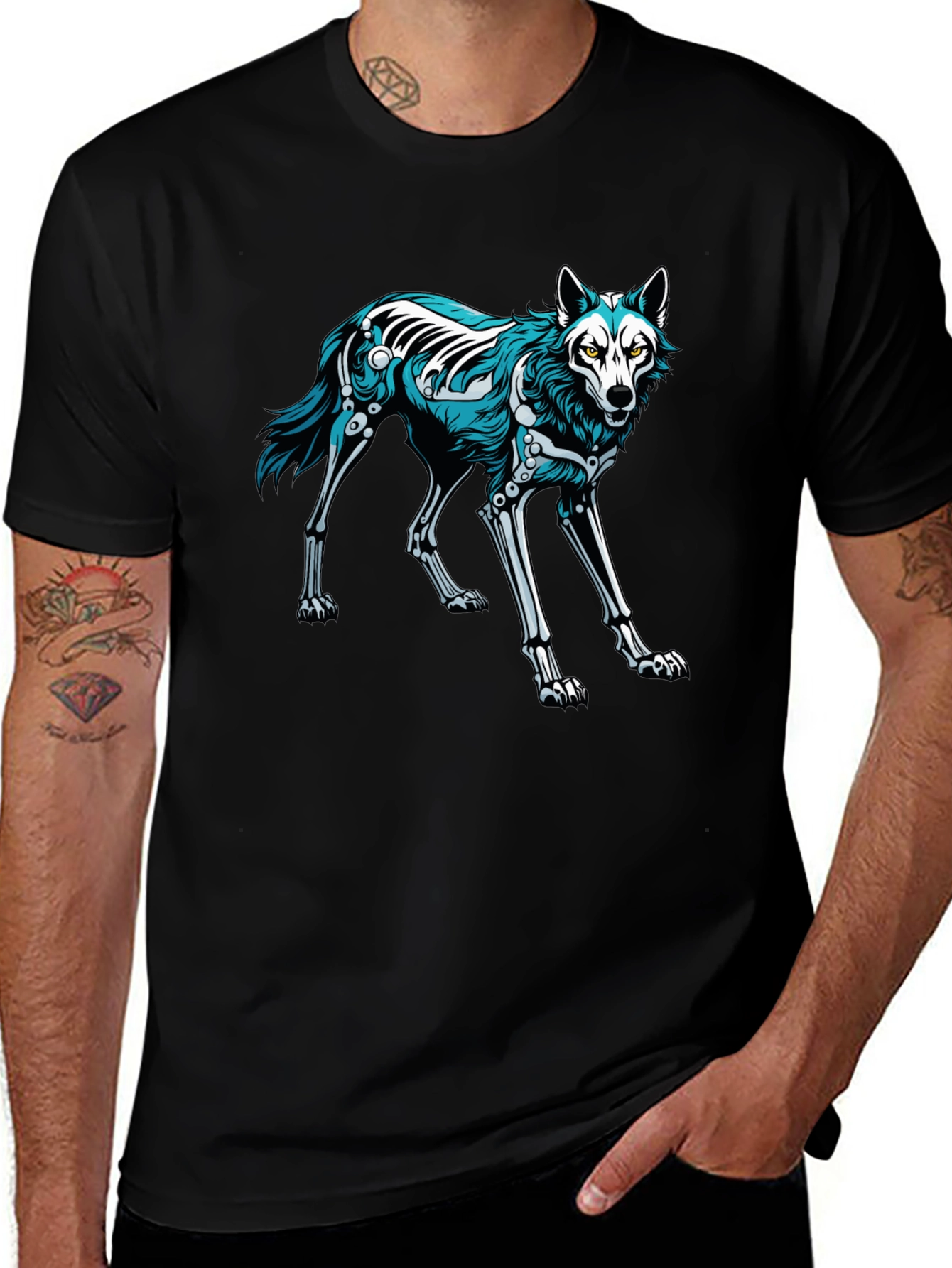 Black T-Shirt with Wolf Skeleton Graphic