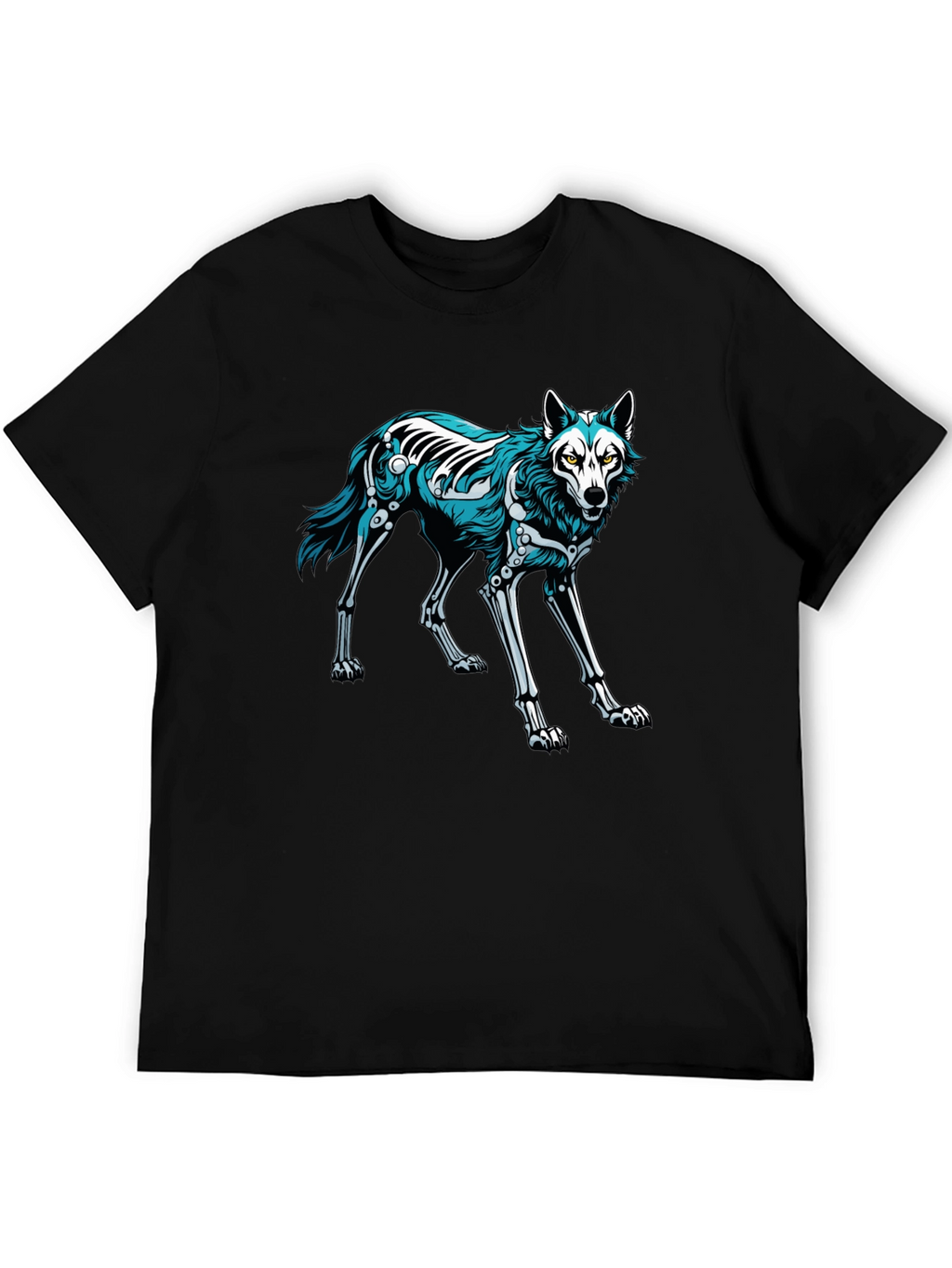 Black T-Shirt with Wolf Skeleton Graphic