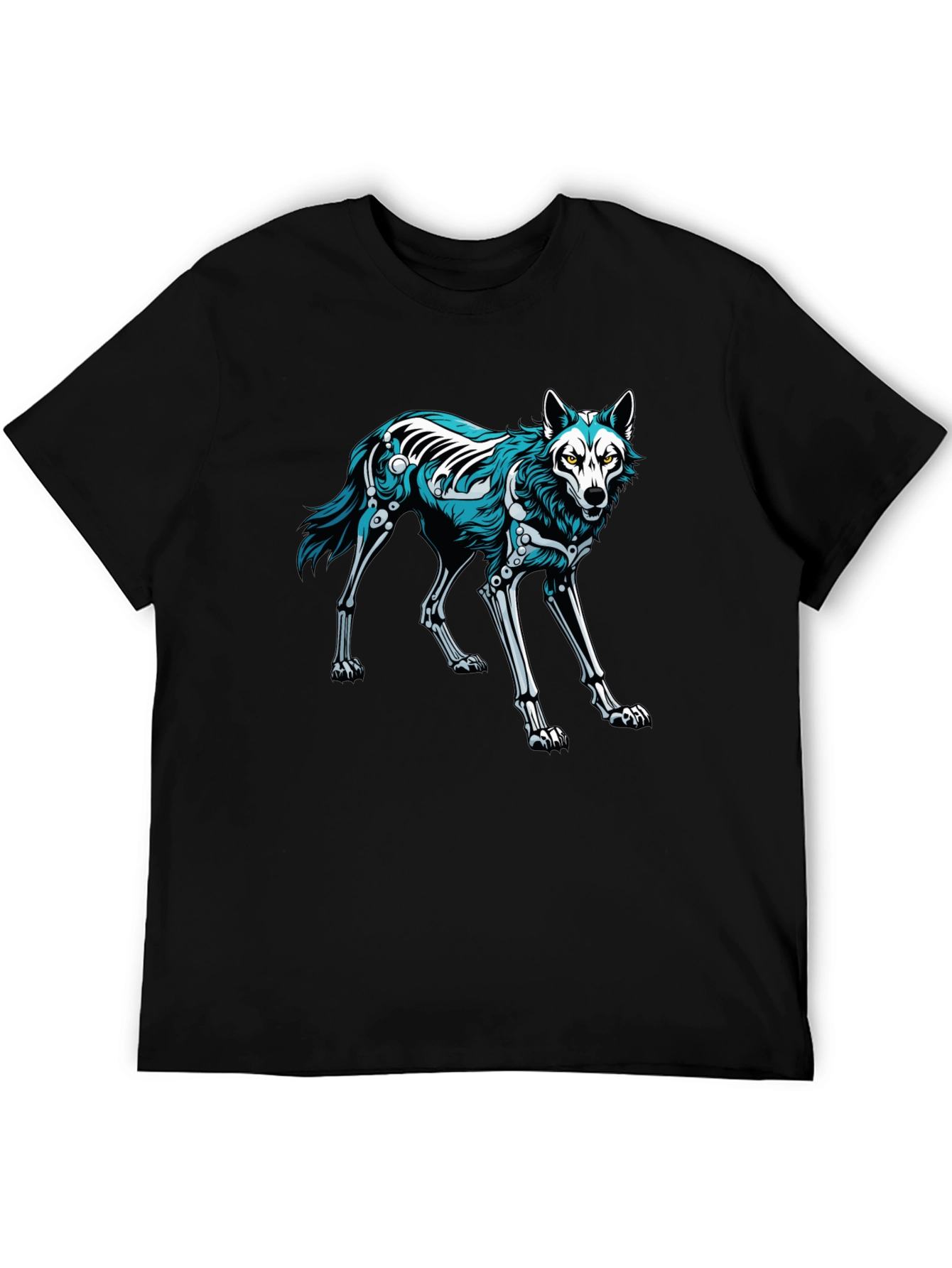 Black T-Shirt with Wolf Skeleton Graphic