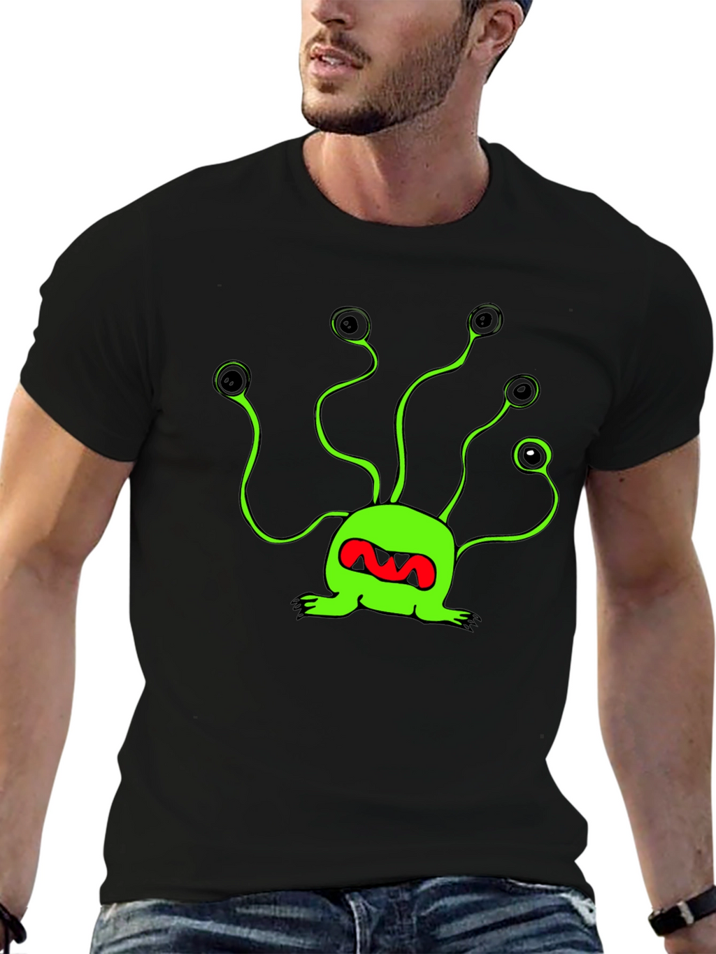Funky Green Alien T-Shirt - Black Cotton Tee