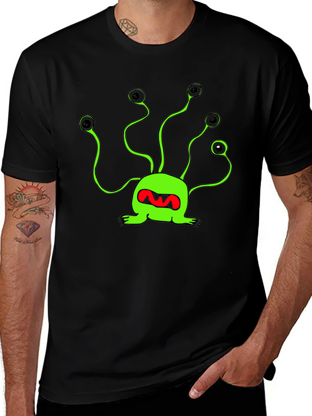Funky Green Alien T-Shirt - Black Cotton Tee