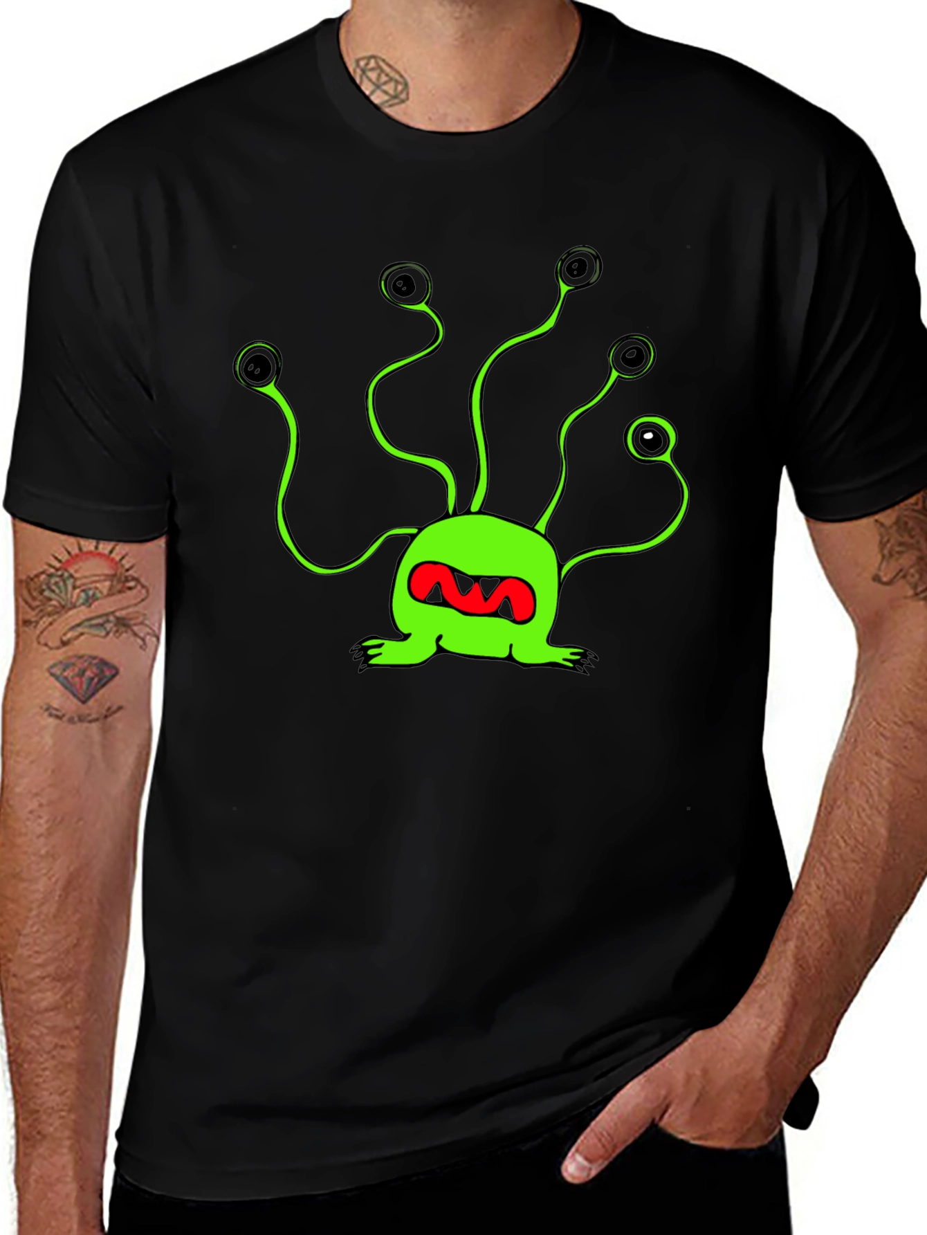 Funky Green Alien T-Shirt - Black Cotton Tee