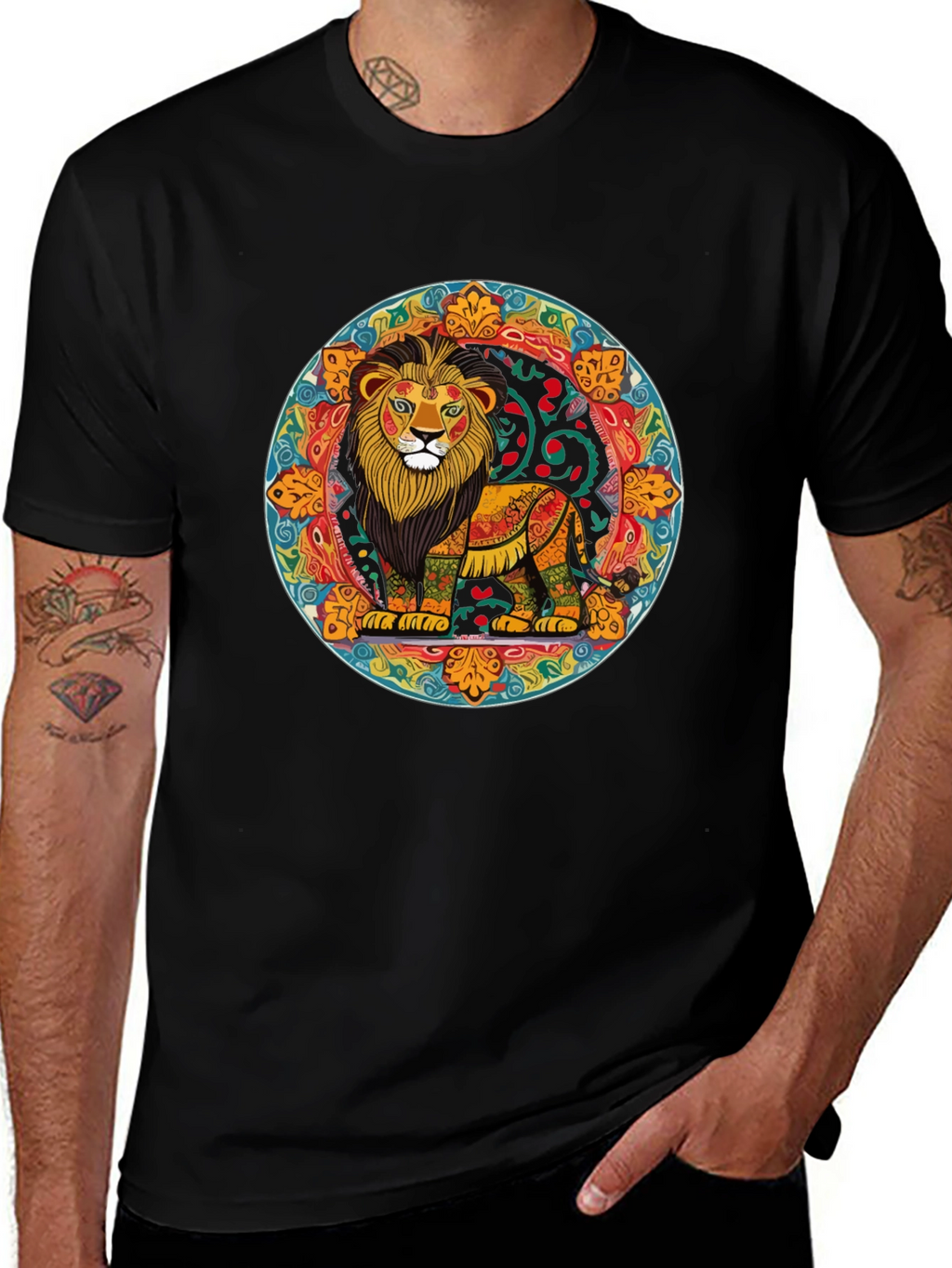 Vibrant Lion Mandala Graphic Tee - Stylish Mens Shirt
