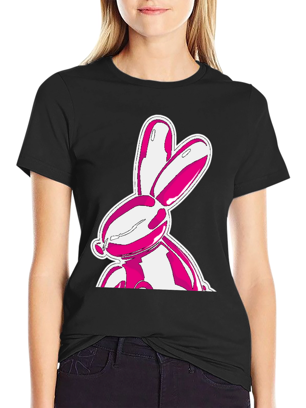 Trendy Pink Bunny Graphic Black T-Shirt