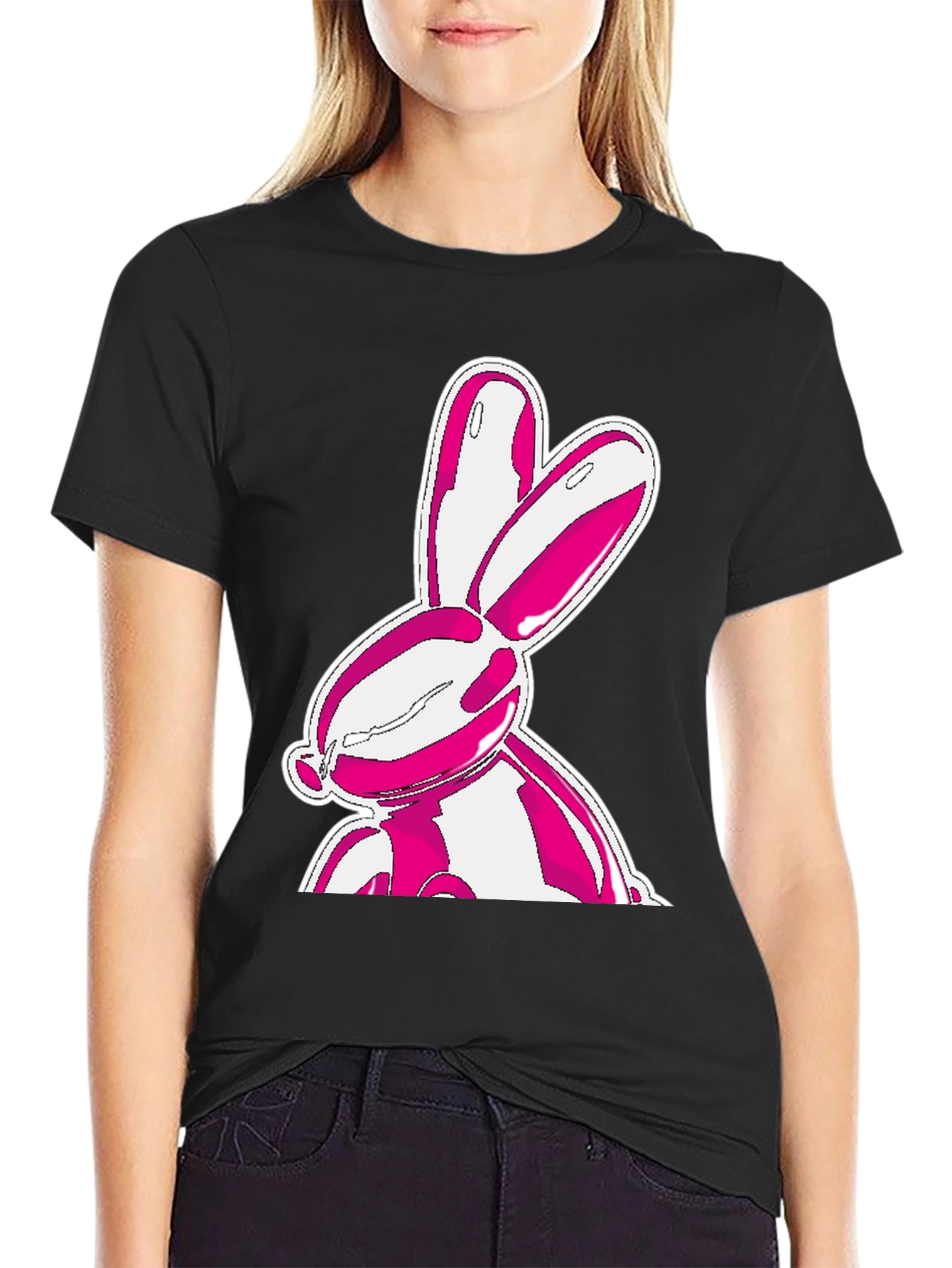 Trendy Pink Bunny Graphic Black T-Shirt
