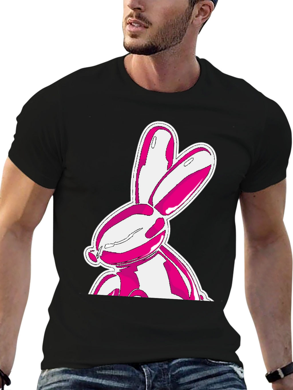 Trendy Pink Bunny Graphic Black T-Shirt