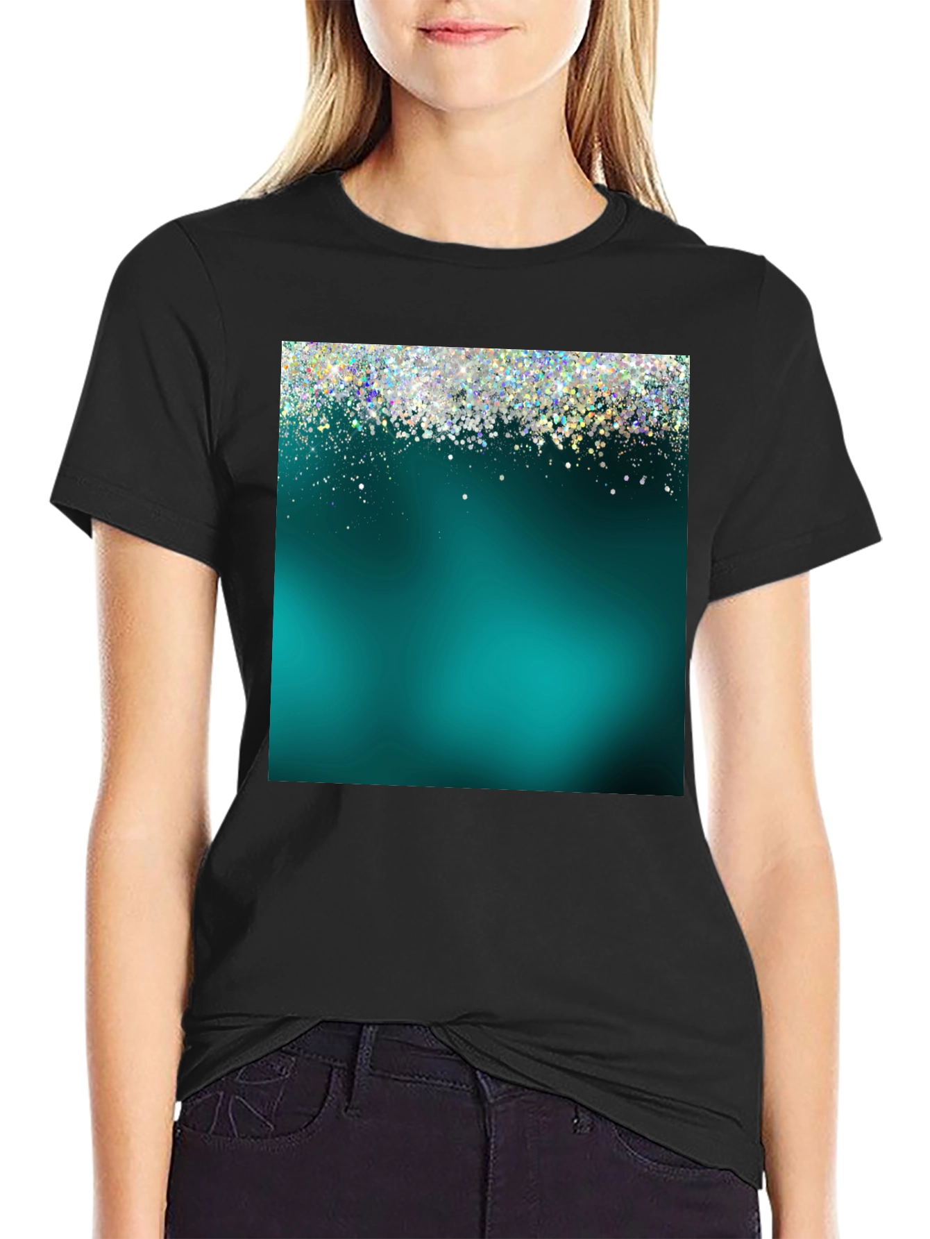 Teal Glitter Sparkle Graphic T-Shirt