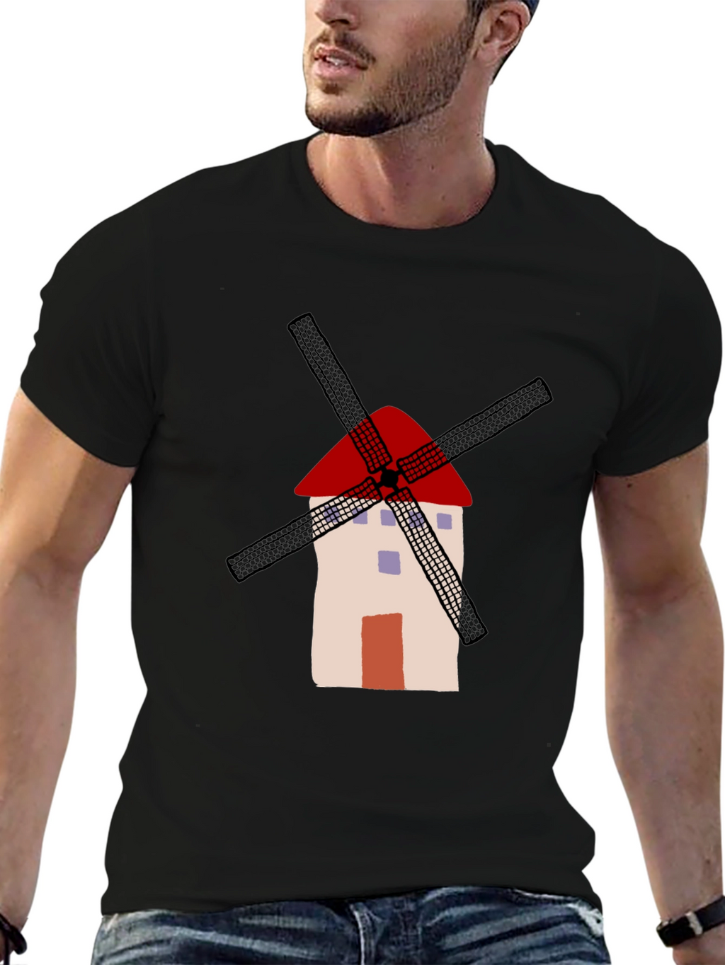 Whimsical Windmill Graphic Tee - Casual Black T-Shirt
