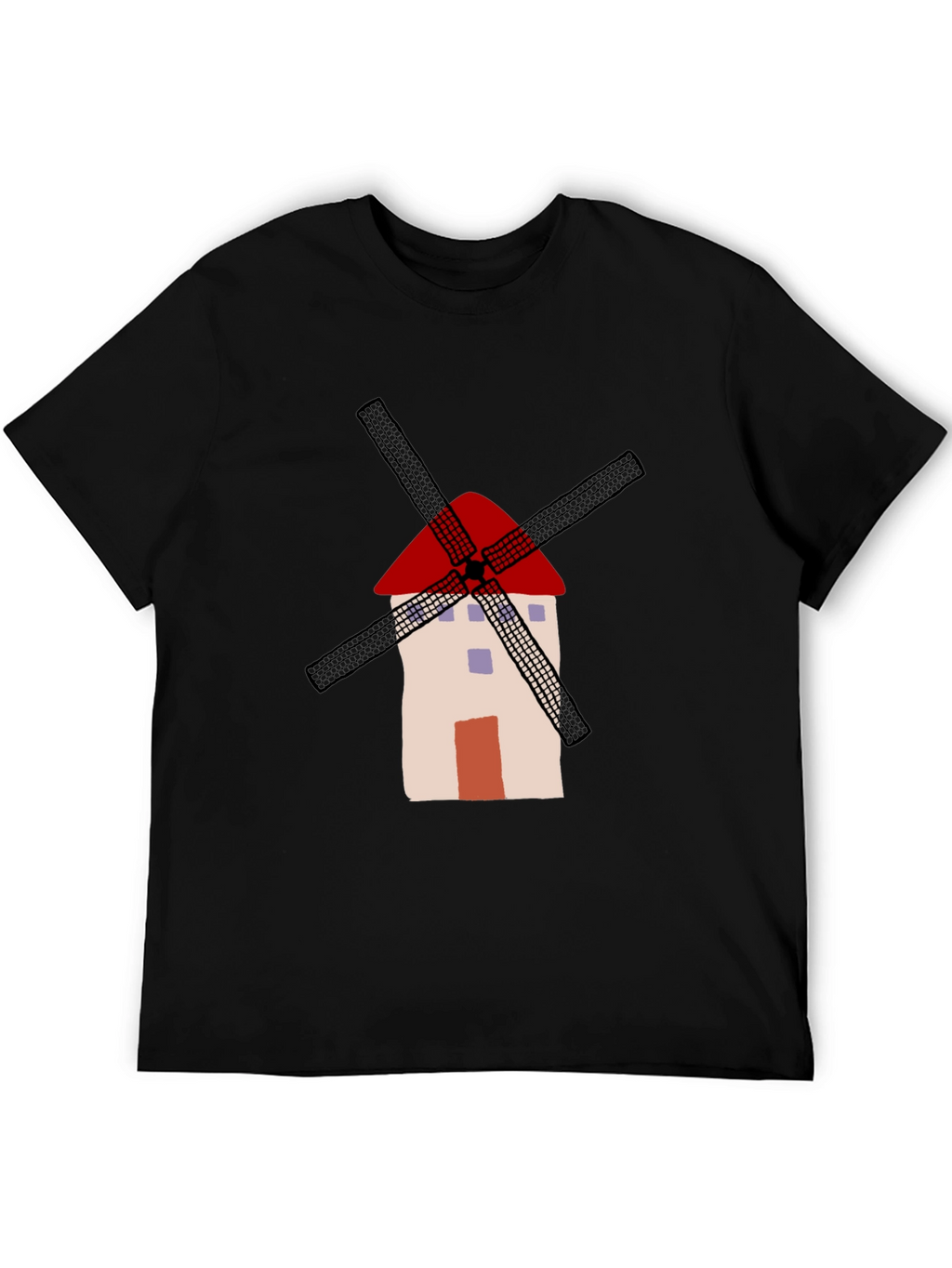 Whimsical Windmill Graphic Tee - Casual Black T-Shirt
