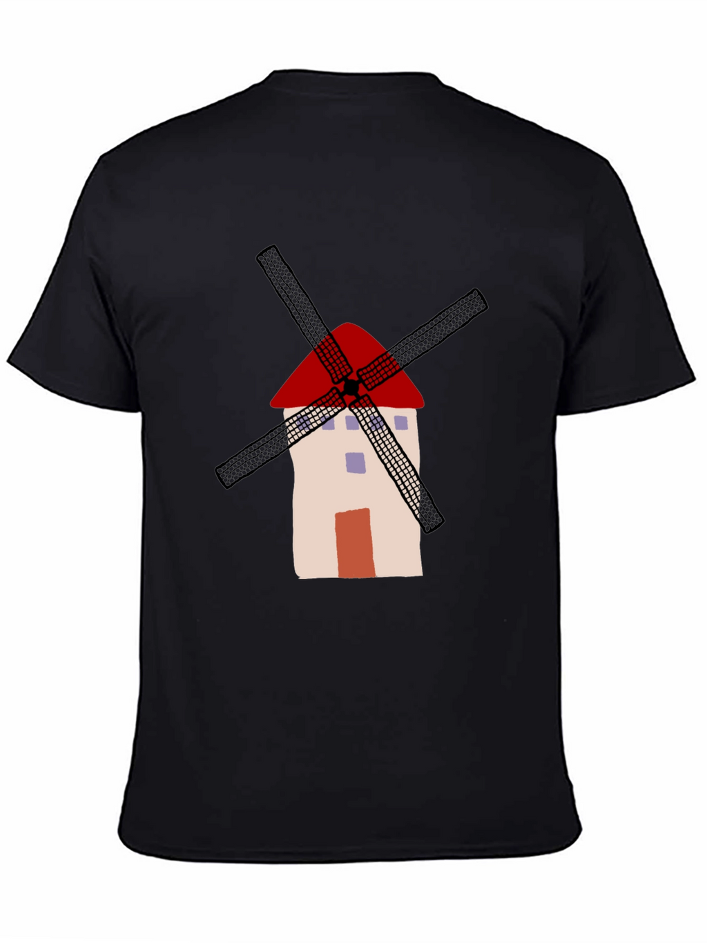 Whimsical Windmill Graphic Tee - Casual Black T-Shirt