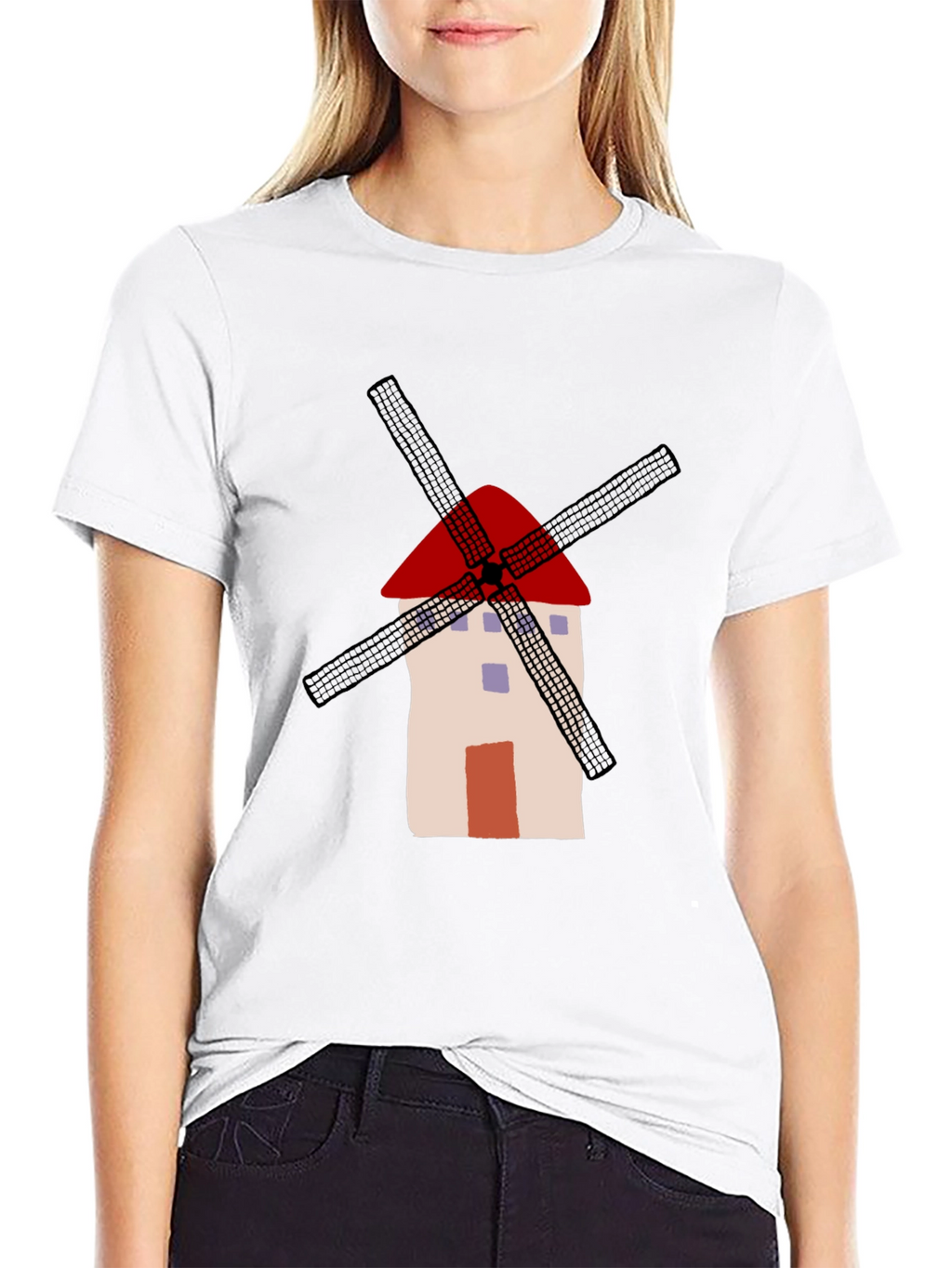 Whimsical Windmill Graphic Tee - Casual Black T-Shirt