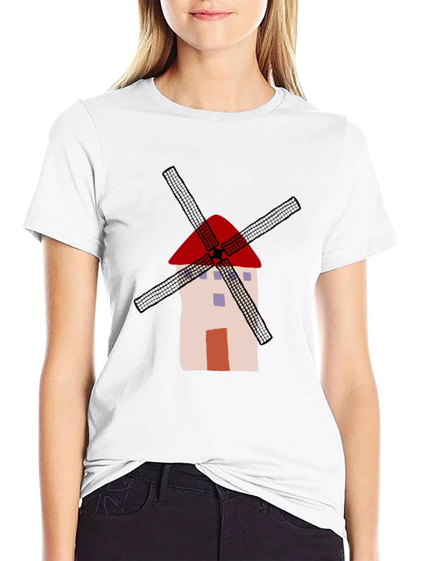 Whimsical Windmill Graphic Tee - Casual Black T-Shirt