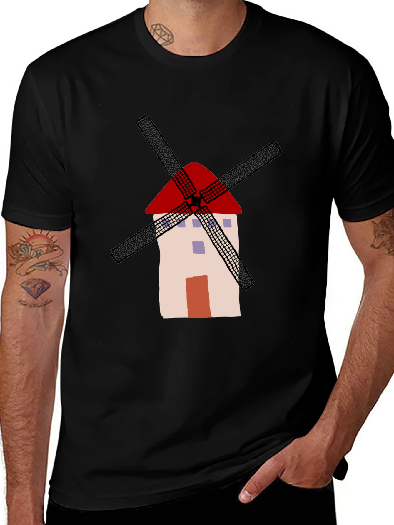 Whimsical Windmill Graphic Tee - Casual Black T-Shirt