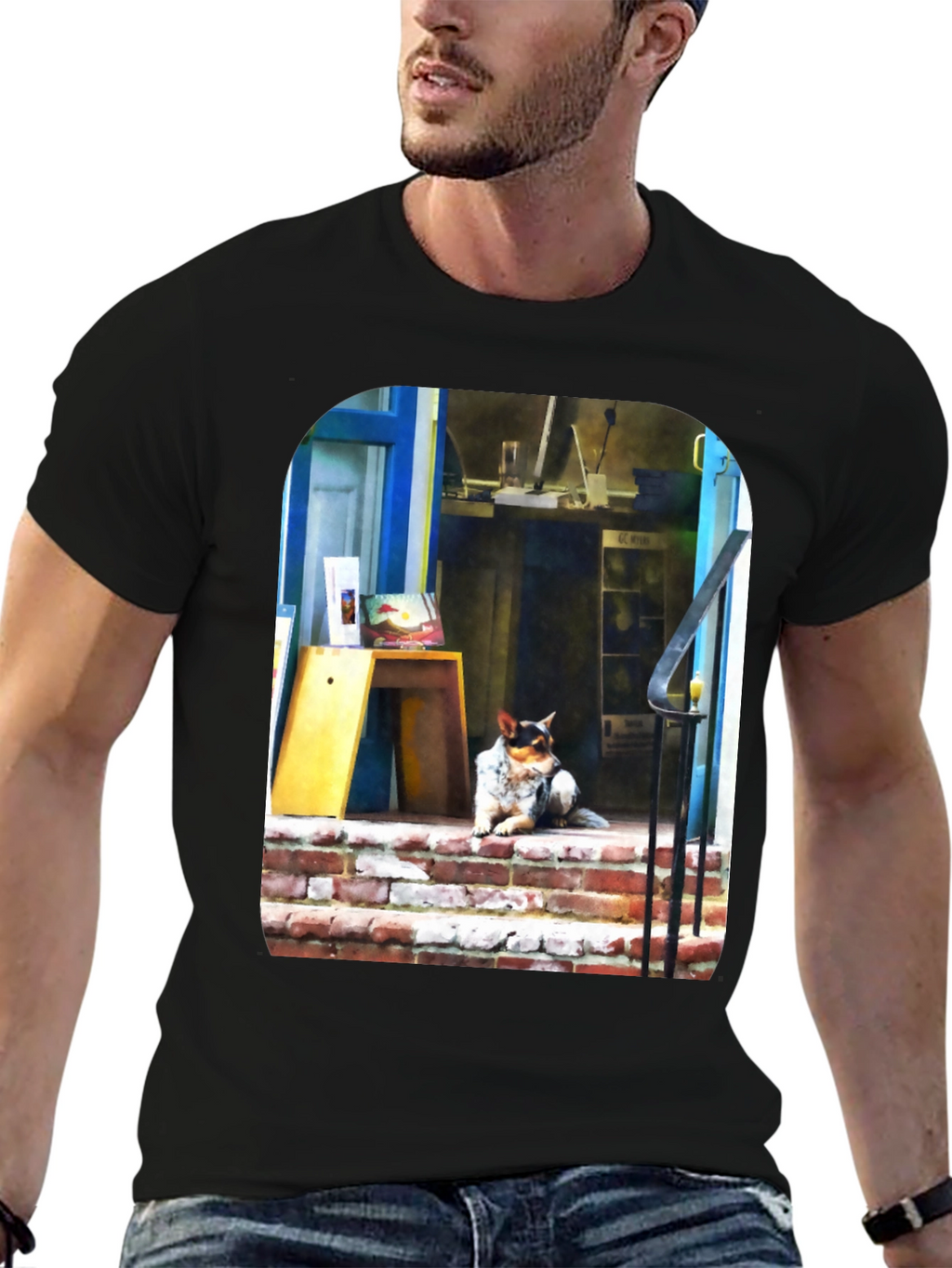 Dog on Steps Graphic T-Shirt