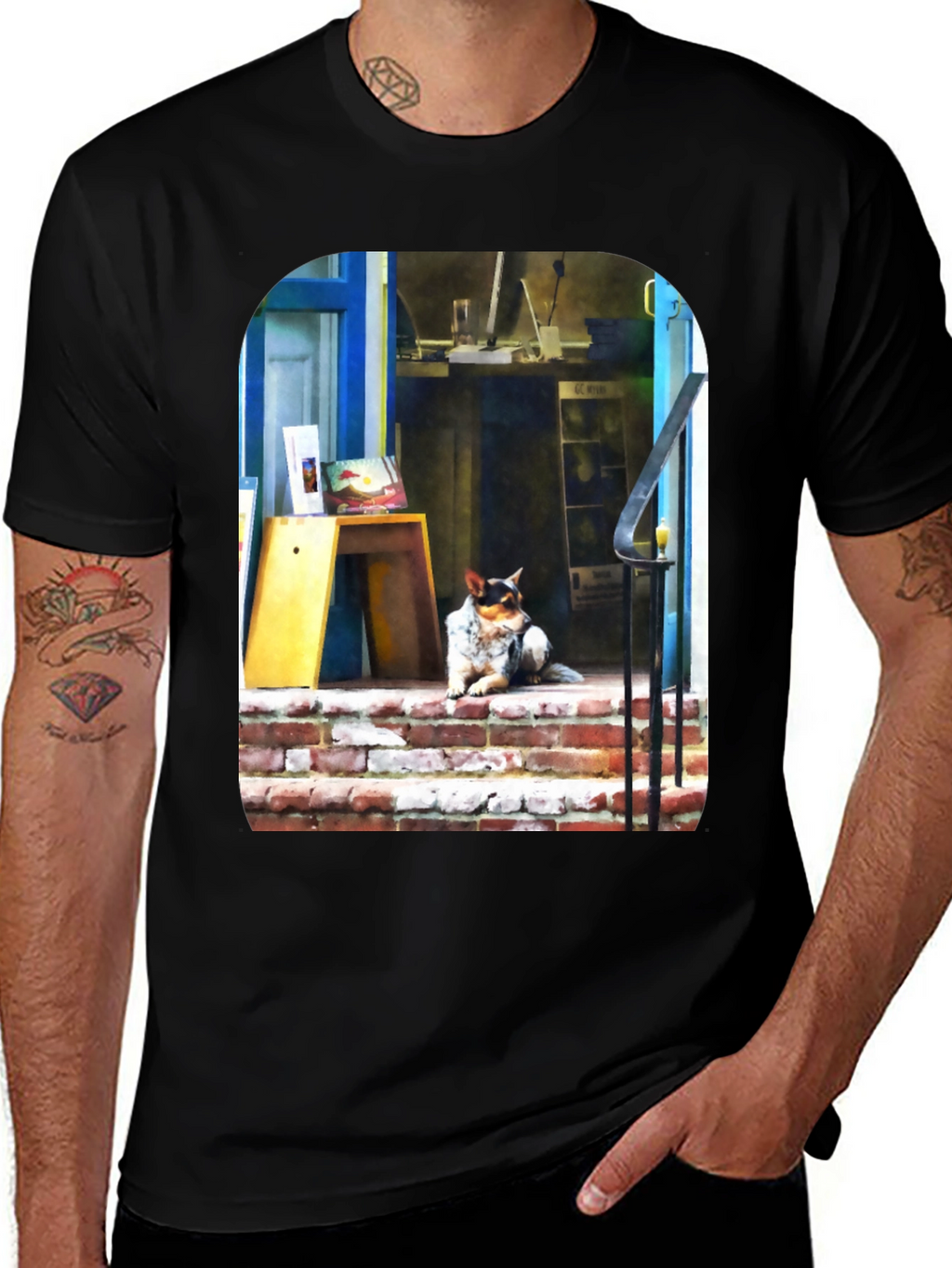 Dog on Steps Graphic T-Shirt