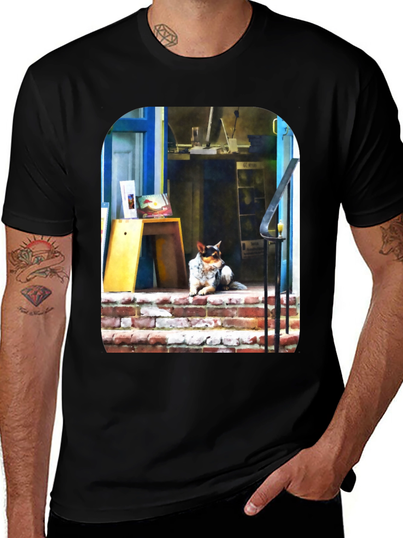 Dog on Steps Graphic T-Shirt