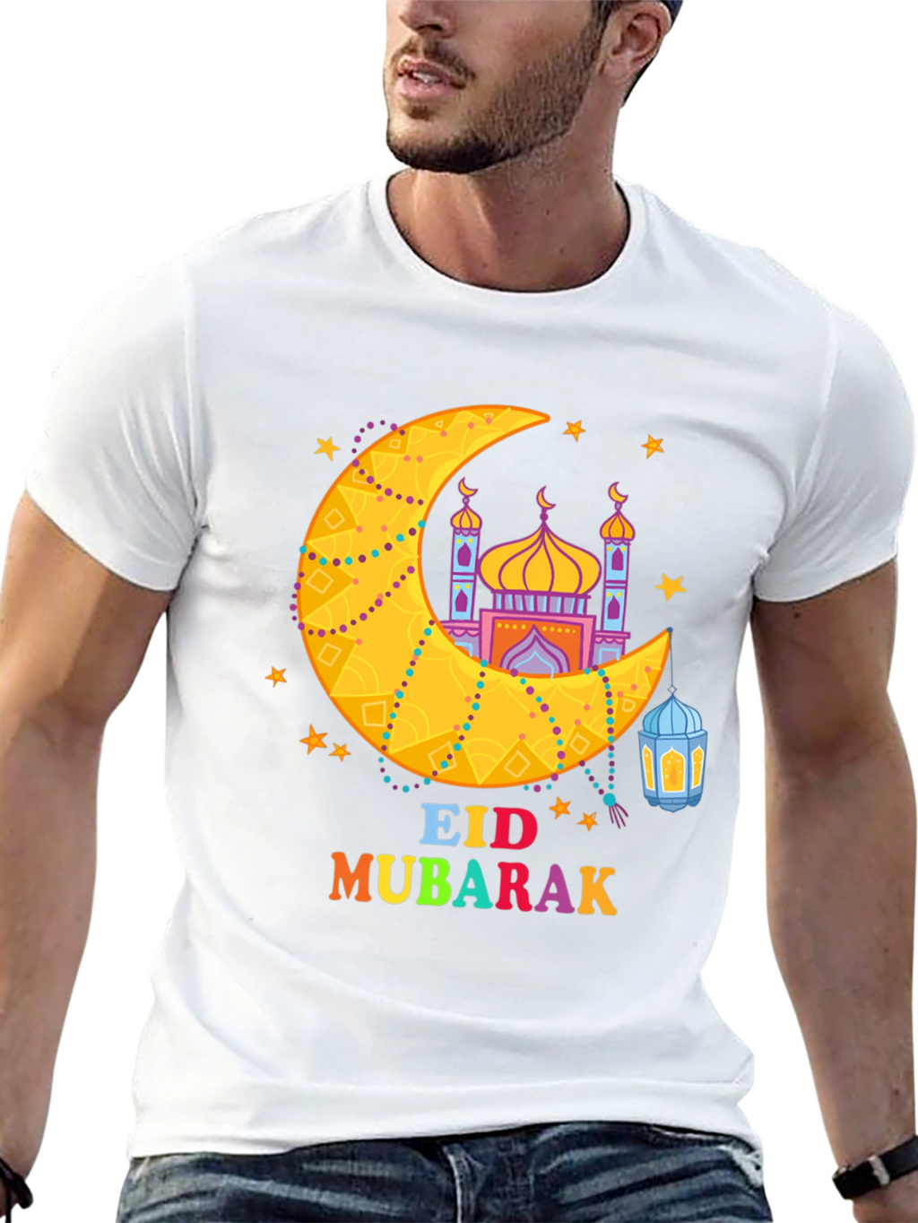 Eid Mubarak T-Shirt - Crescent Moon & Mosque Design