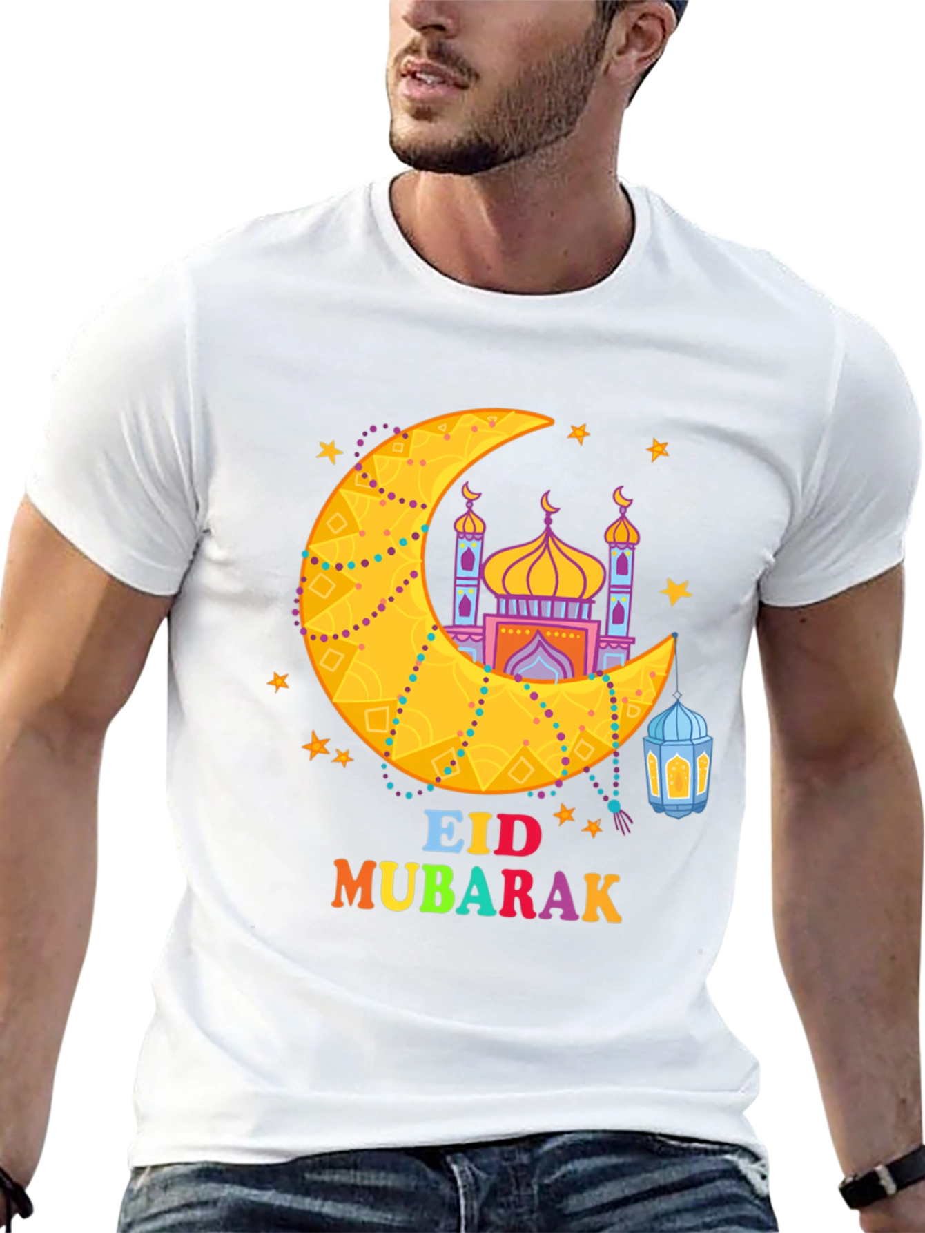 Eid Mubarak T-Shirt - Crescent Moon & Mosque Design