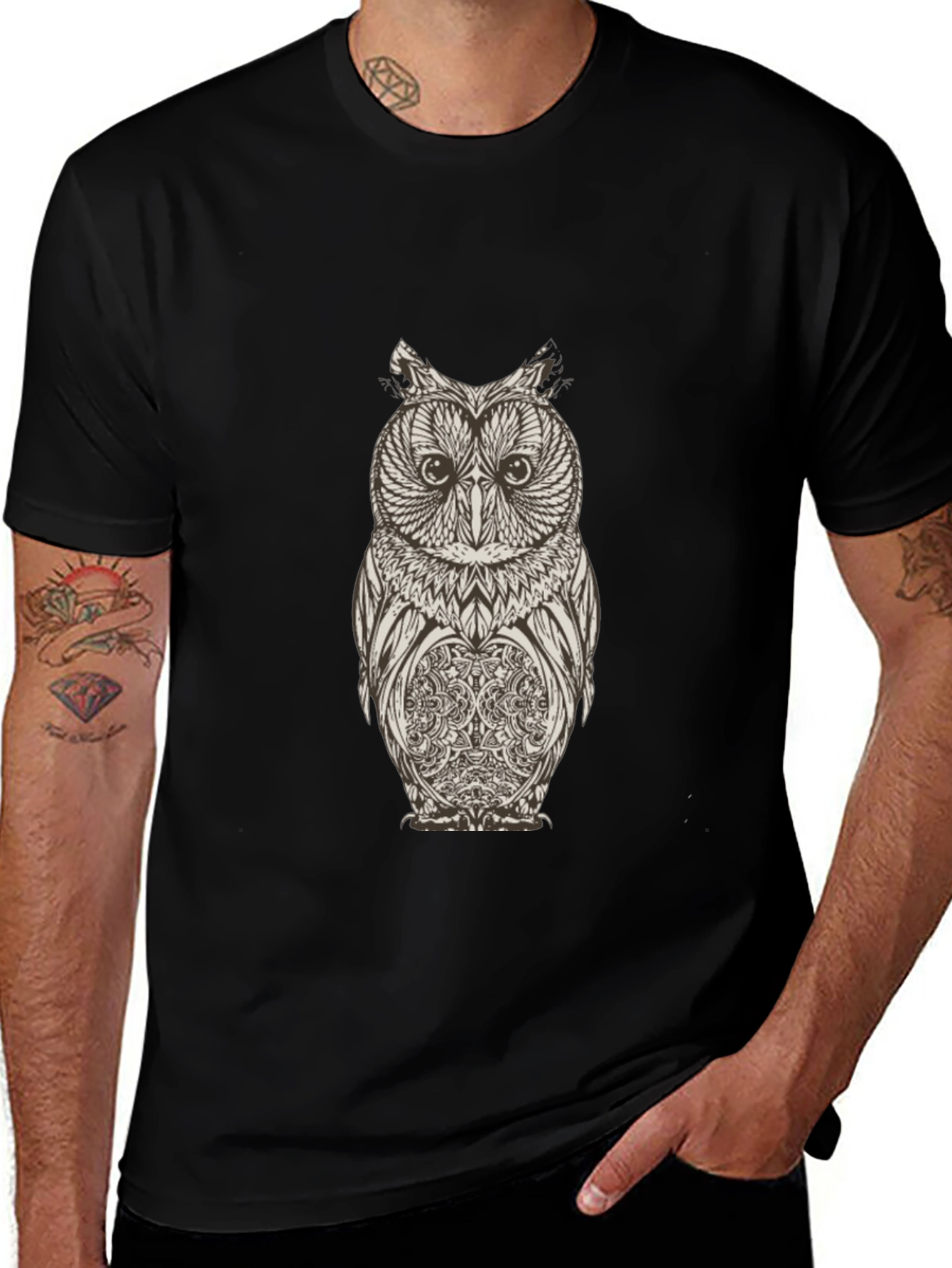 Mens Black Owl Graphic T-Shirt