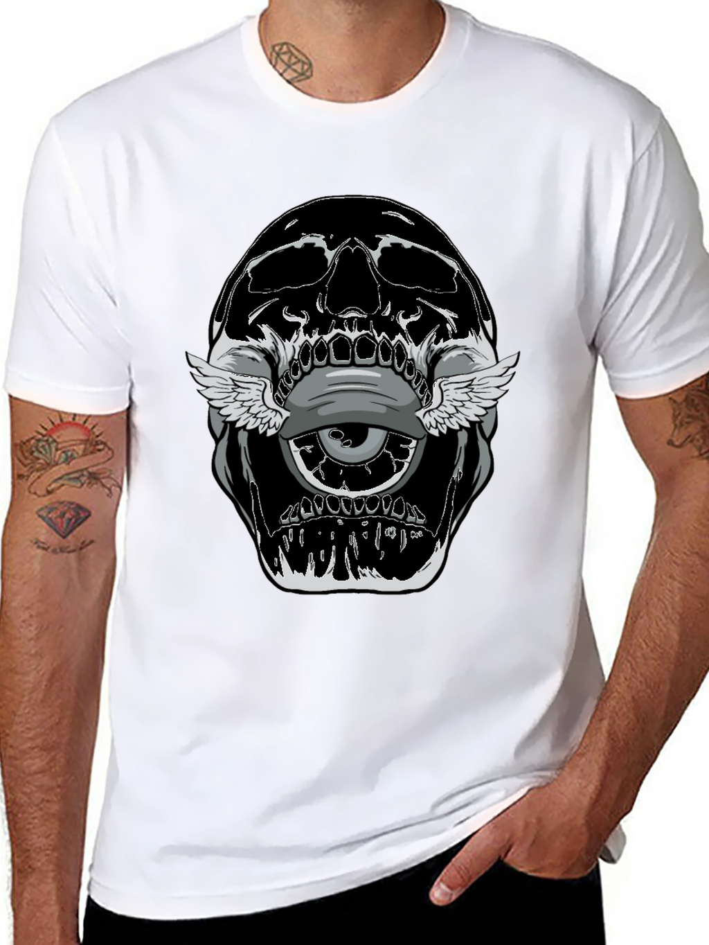 Skull With Winged Eye Graphic Tee - Edgy Style