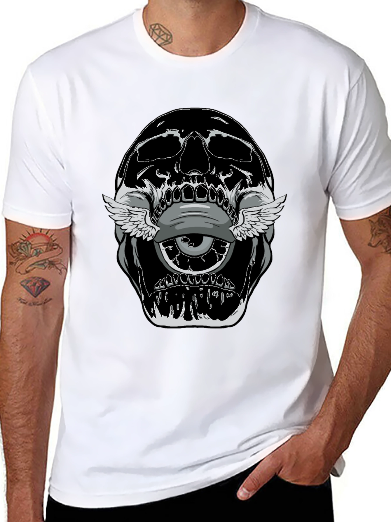 Skull With Winged Eye Graphic Tee - Edgy Style