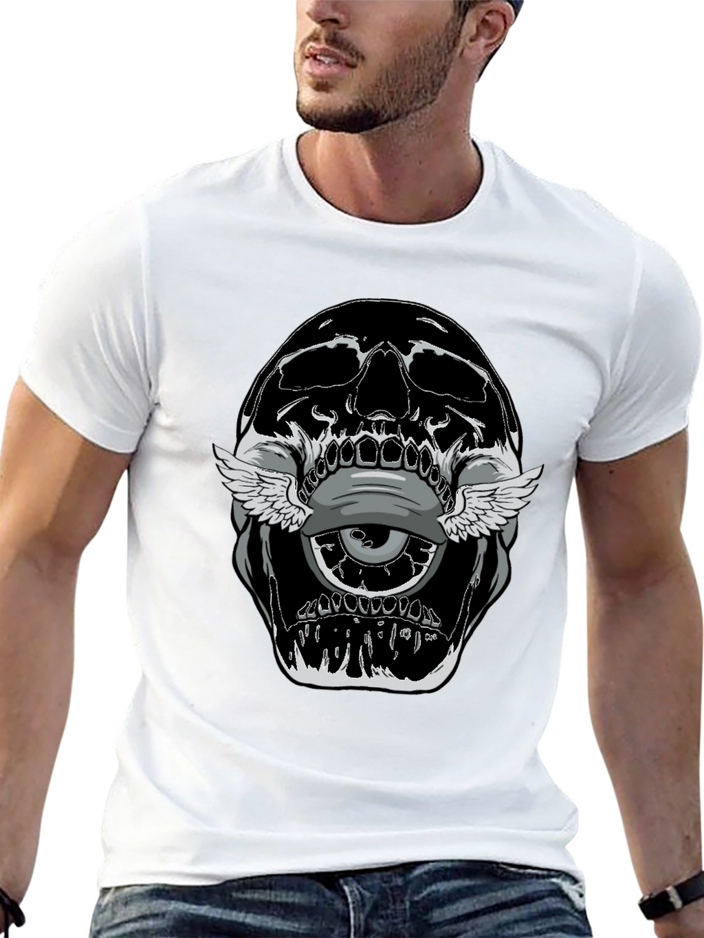 Skull With Winged Eye Graphic Tee - Edgy Style