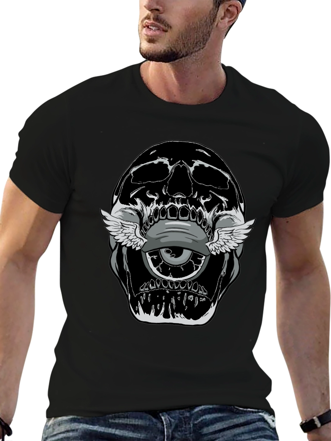 Skull With Winged Eye Graphic Tee - Edgy Style