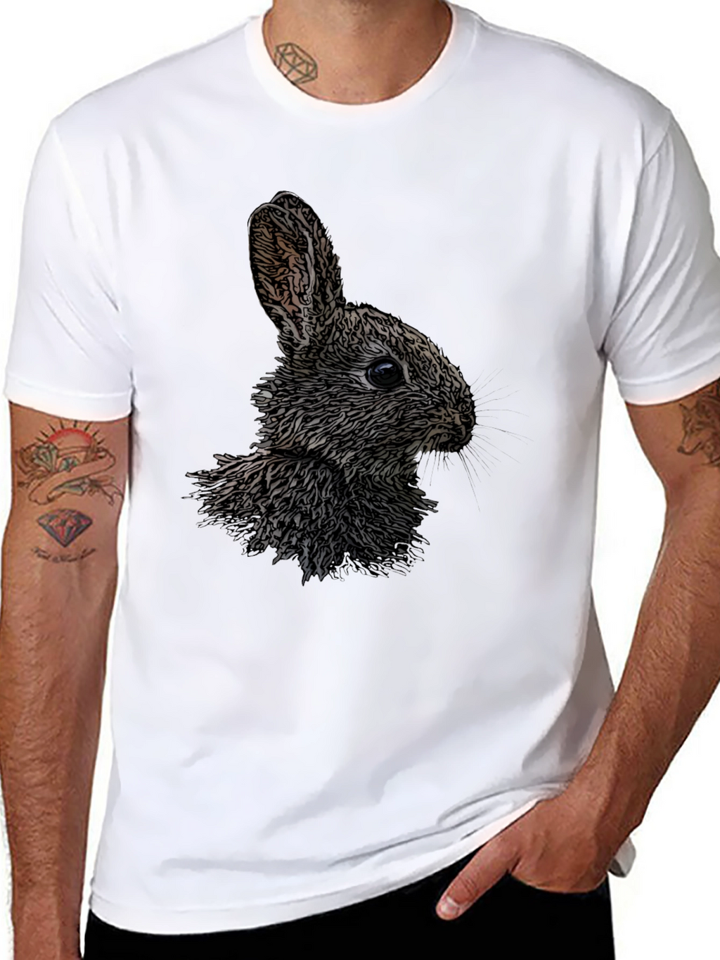 Rabbit Graphic Print Black Crew Neck T-Shirt