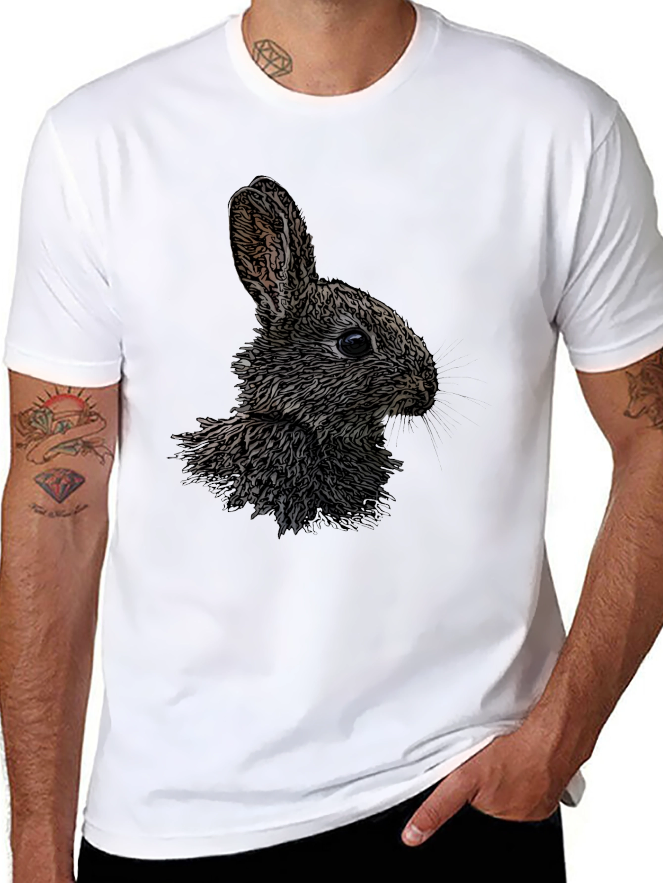Rabbit Graphic Print Black Crew Neck T-Shirt