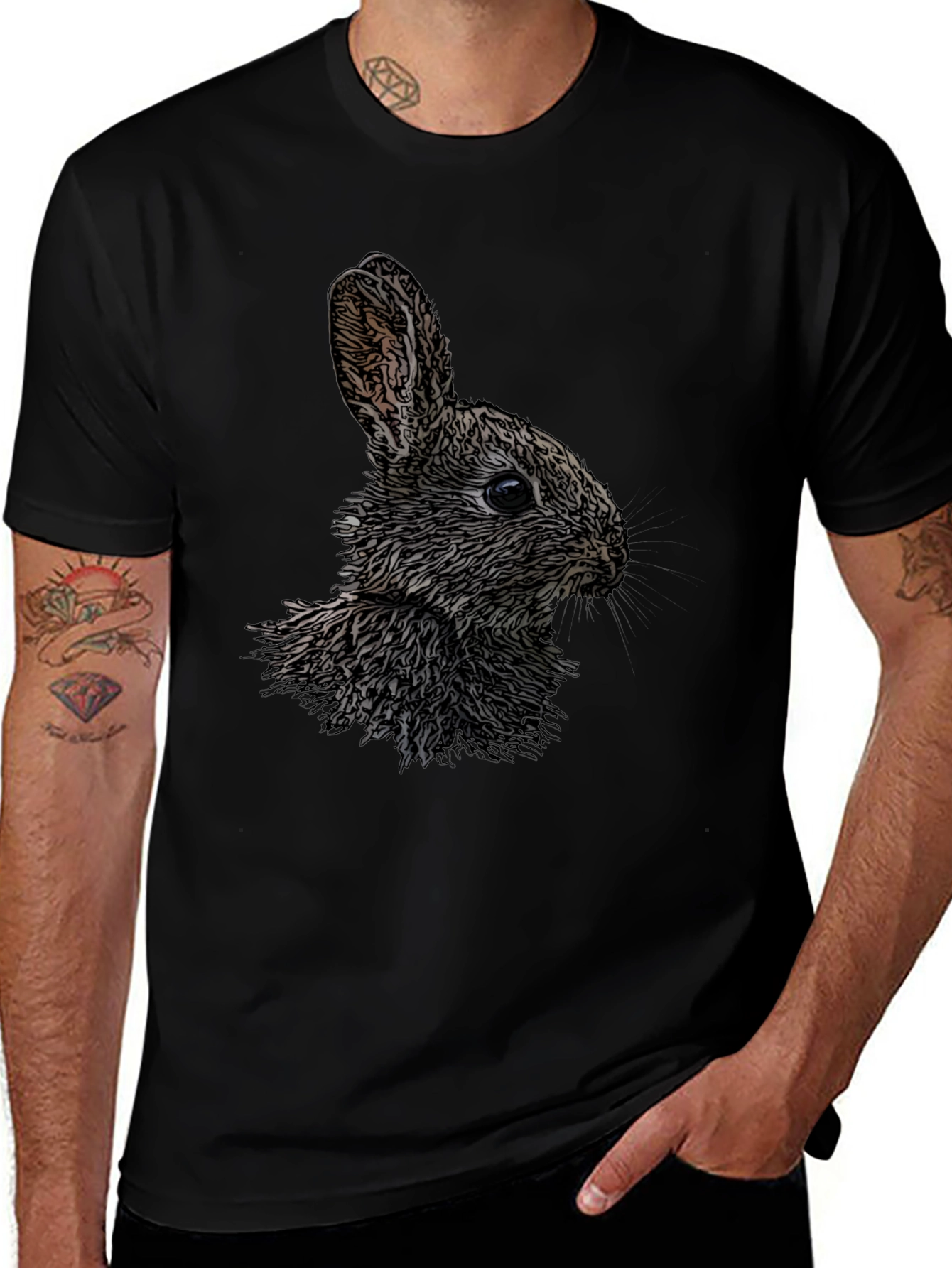 Rabbit Graphic Print Black Crew Neck T-Shirt