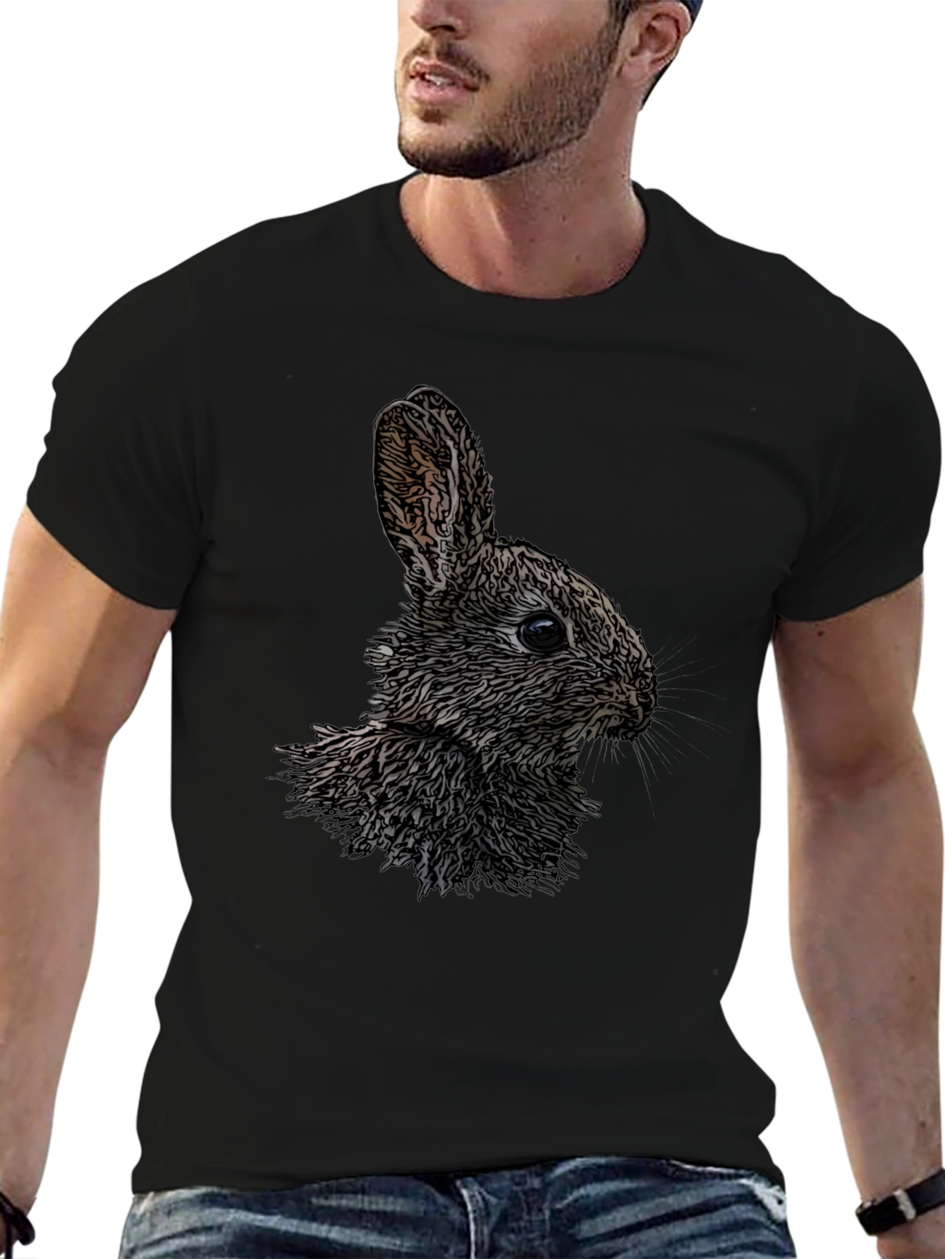Rabbit Graphic Print Black Crew Neck T-Shirt