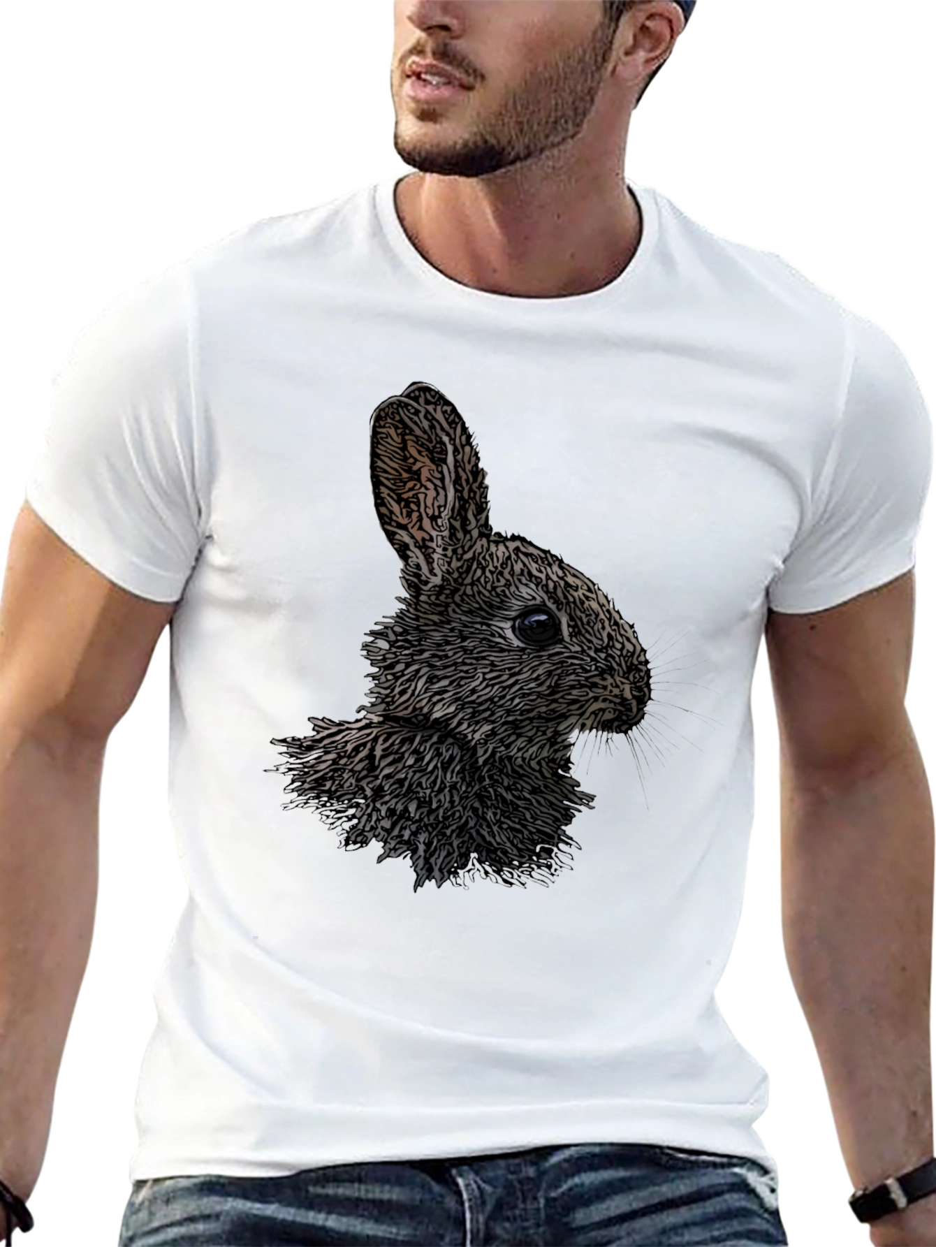 Rabbit Graphic Print Black Crew Neck T-Shirt