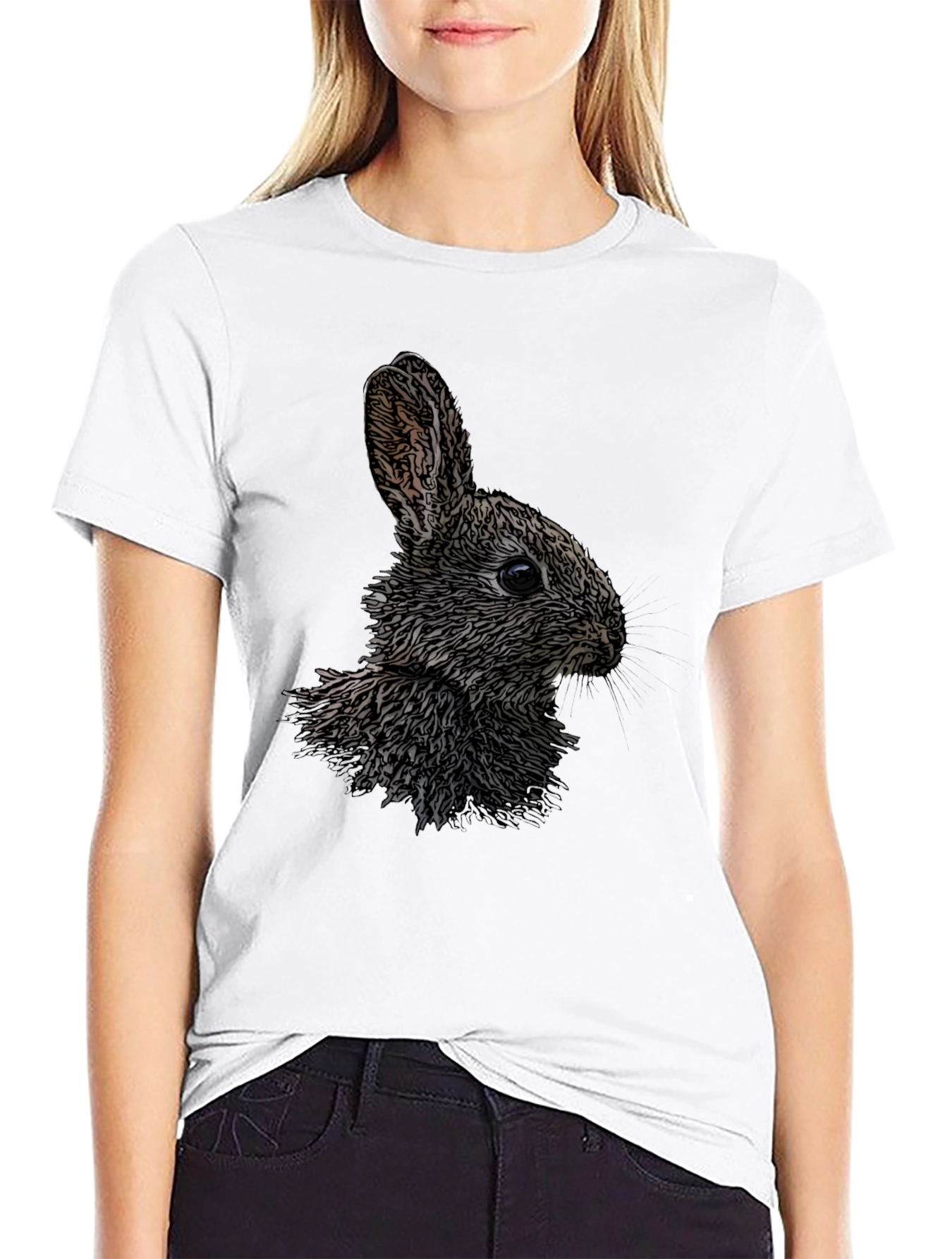 Rabbit Graphic Print Black Crew Neck T-Shirt