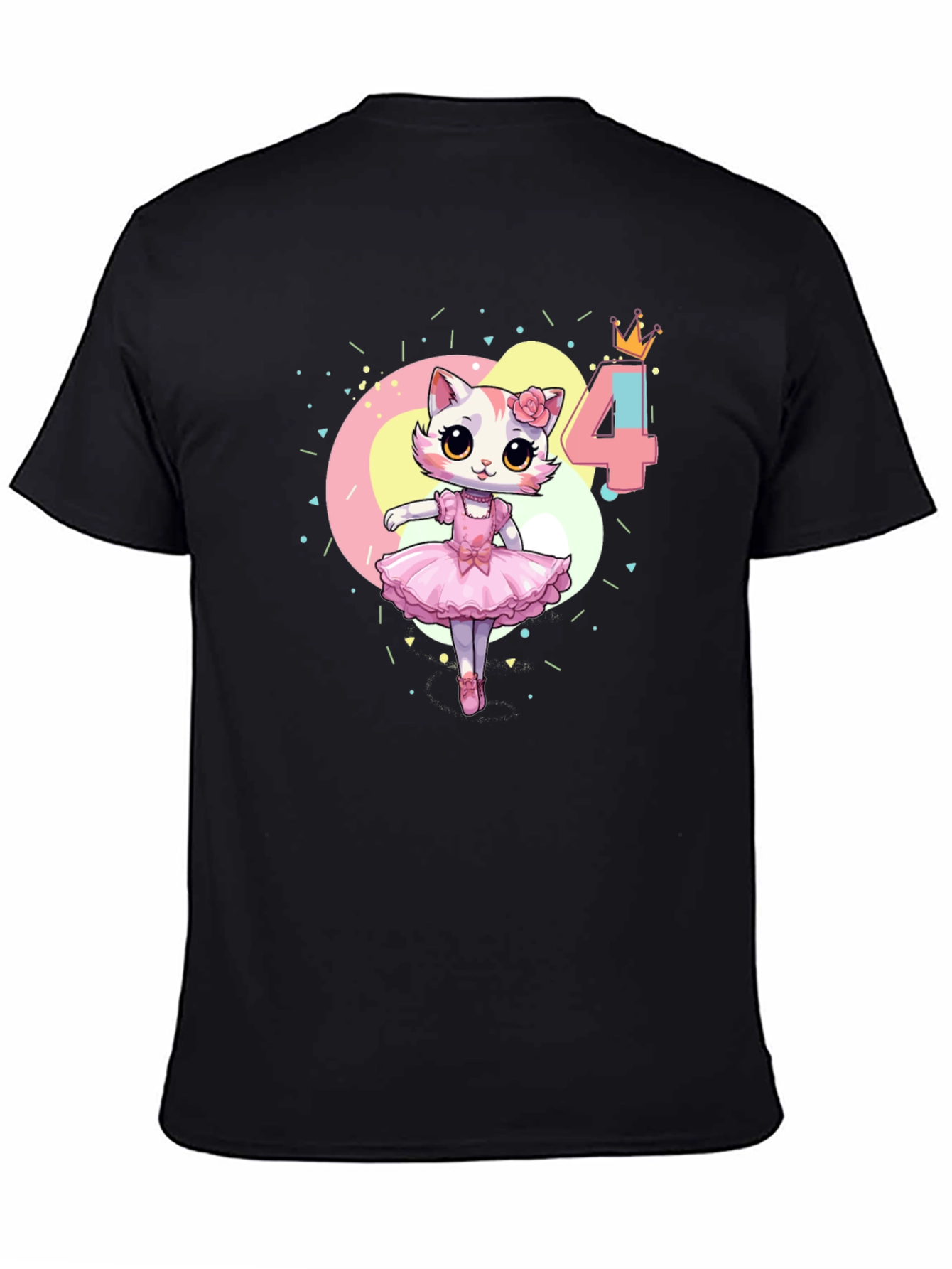 Cute Cat Ballerina 4th Birthday Black T-Shirt