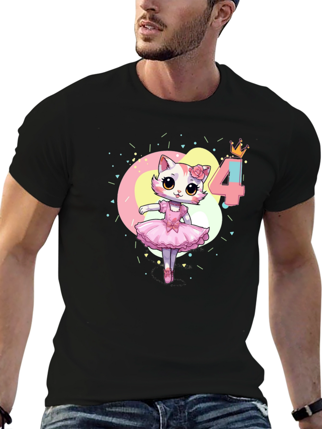 Cute Cat Ballerina 4th Birthday Black T-Shirt