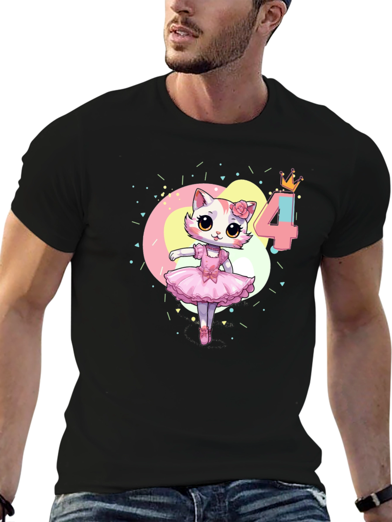 Cute Cat Ballerina 4th Birthday Black T-Shirt