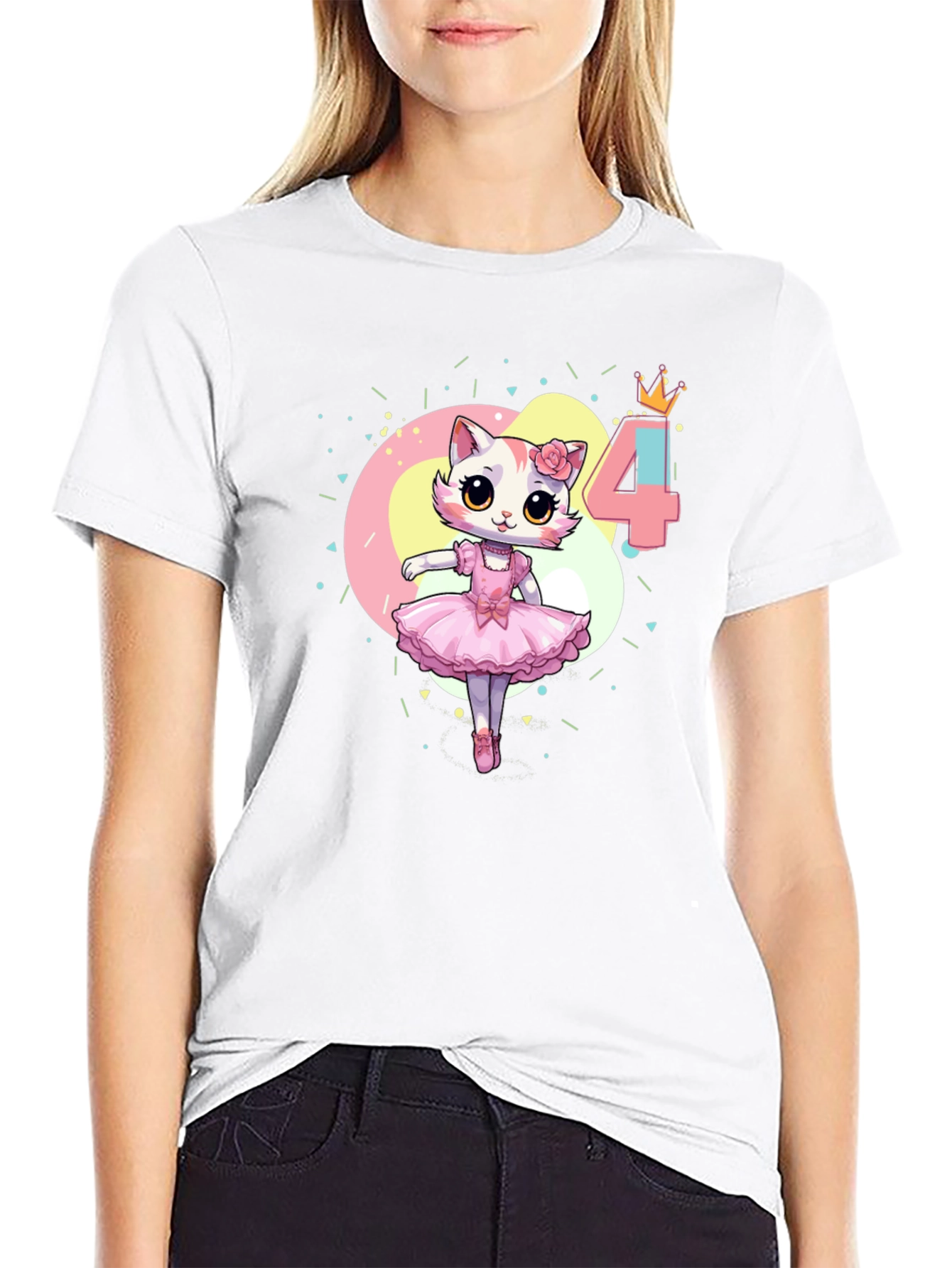 Cute Cat Ballerina 4th Birthday Black T-Shirt