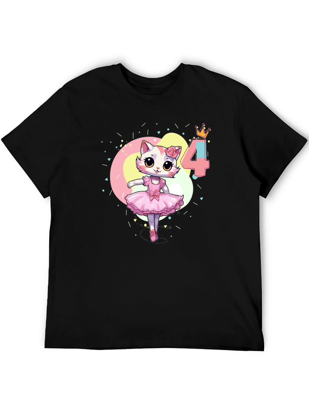 Cute Cat Ballerina 4th Birthday Black T-Shirt