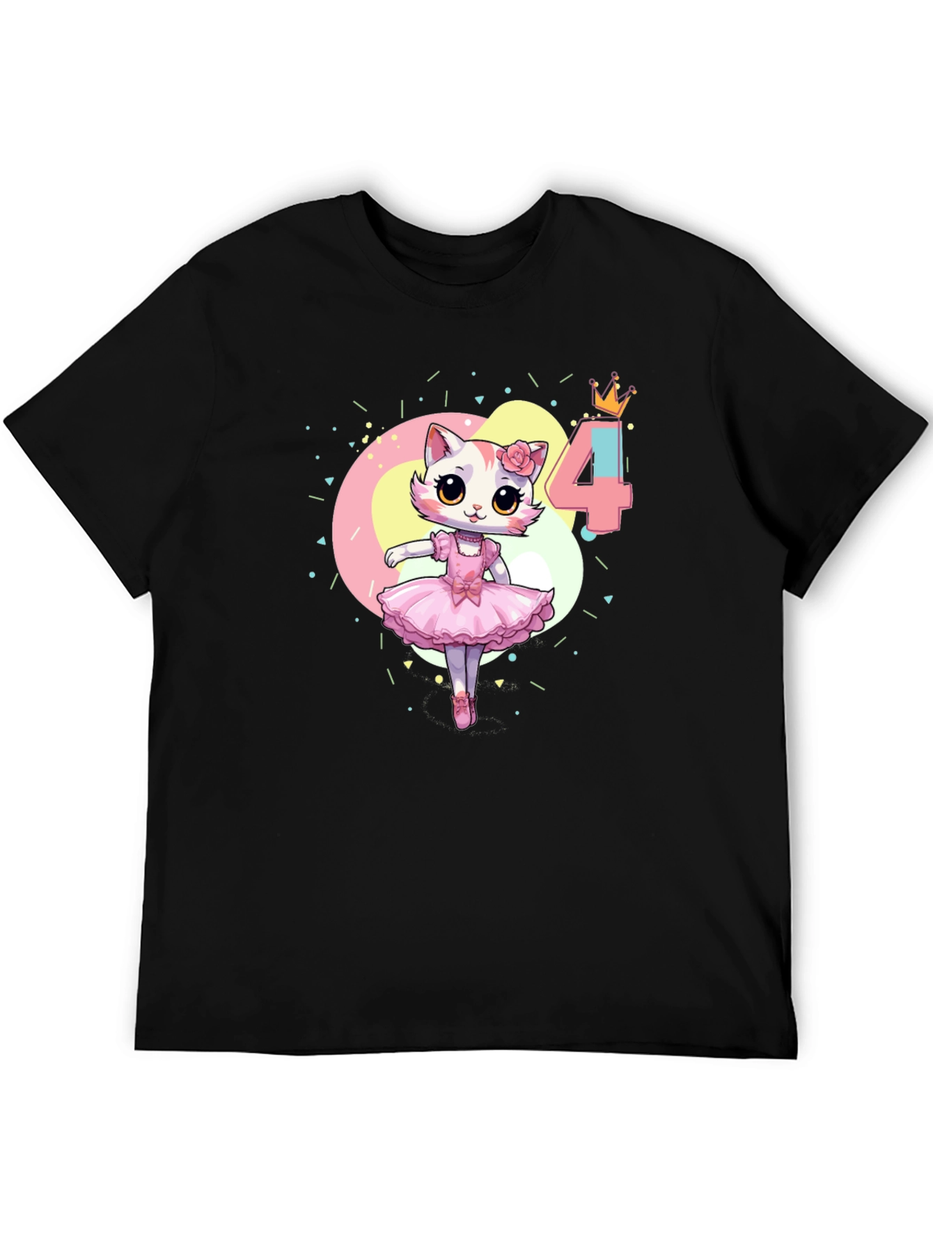 Cute Cat Ballerina 4th Birthday Black T-Shirt