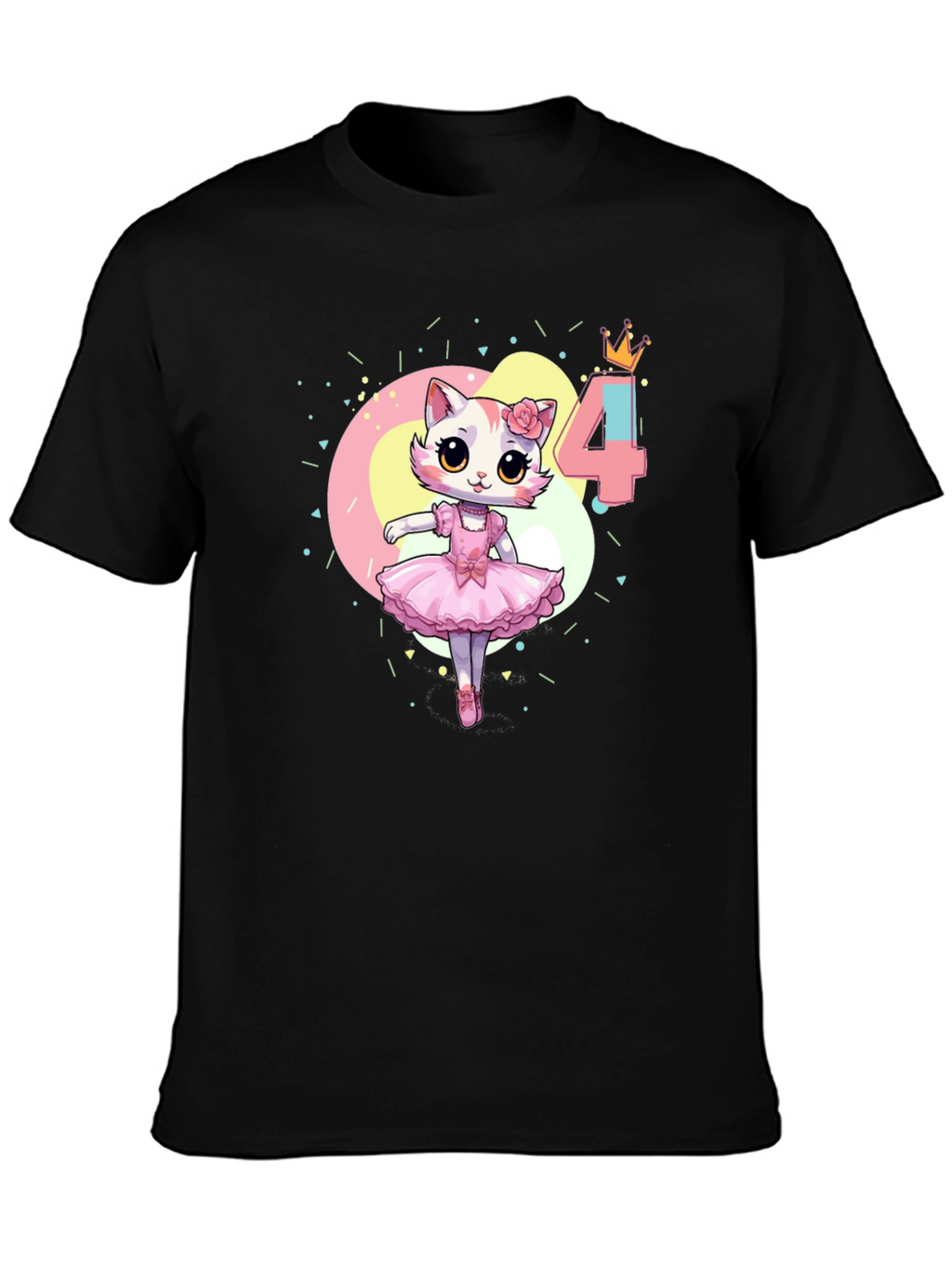 Cute Cat Ballerina 4th Birthday Black T-Shirt