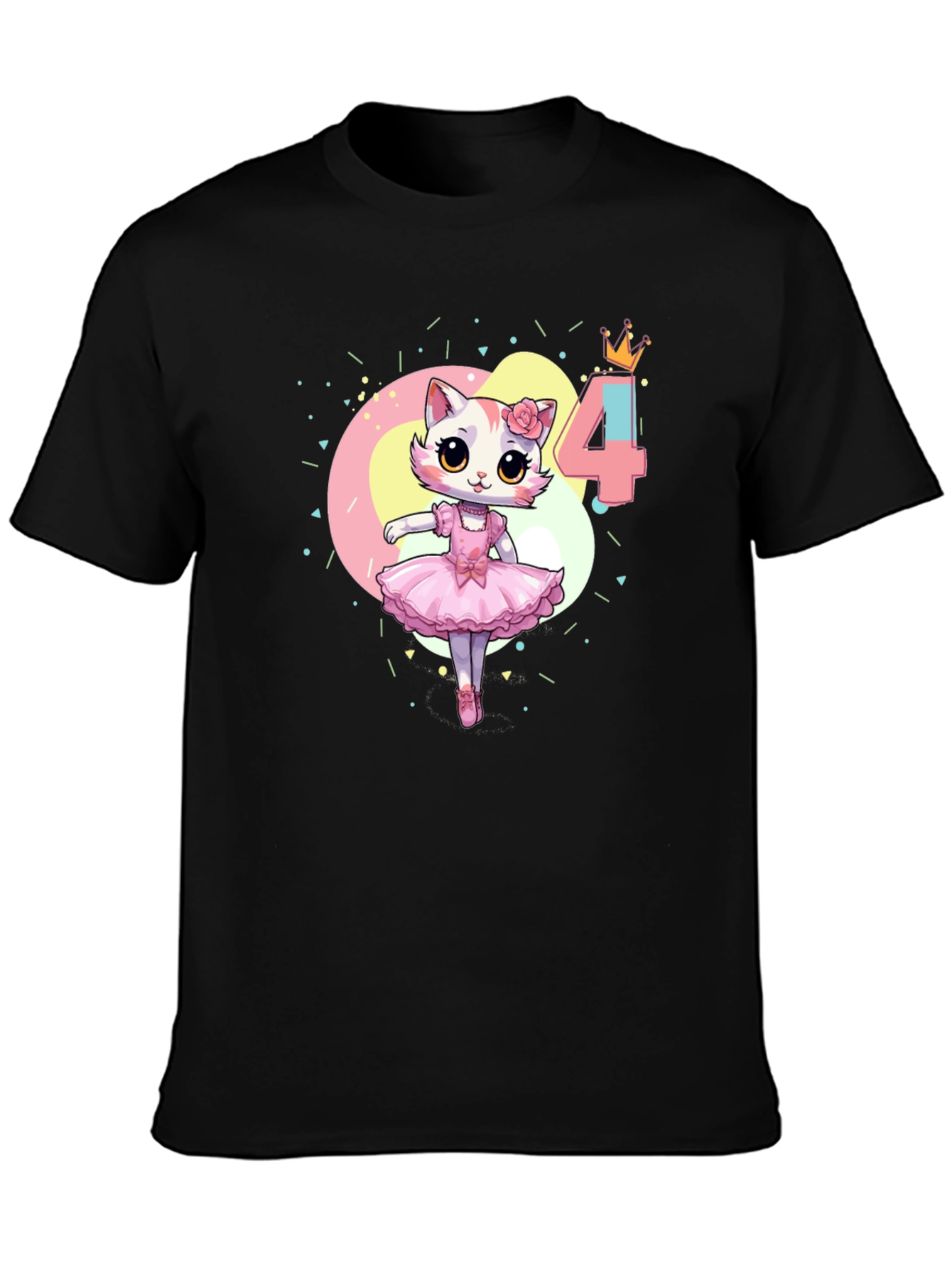 Cute Cat Ballerina 4th Birthday Black T-Shirt