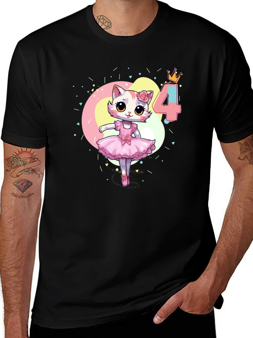 Cute Cat Ballerina 4th Birthday Black T-Shirt