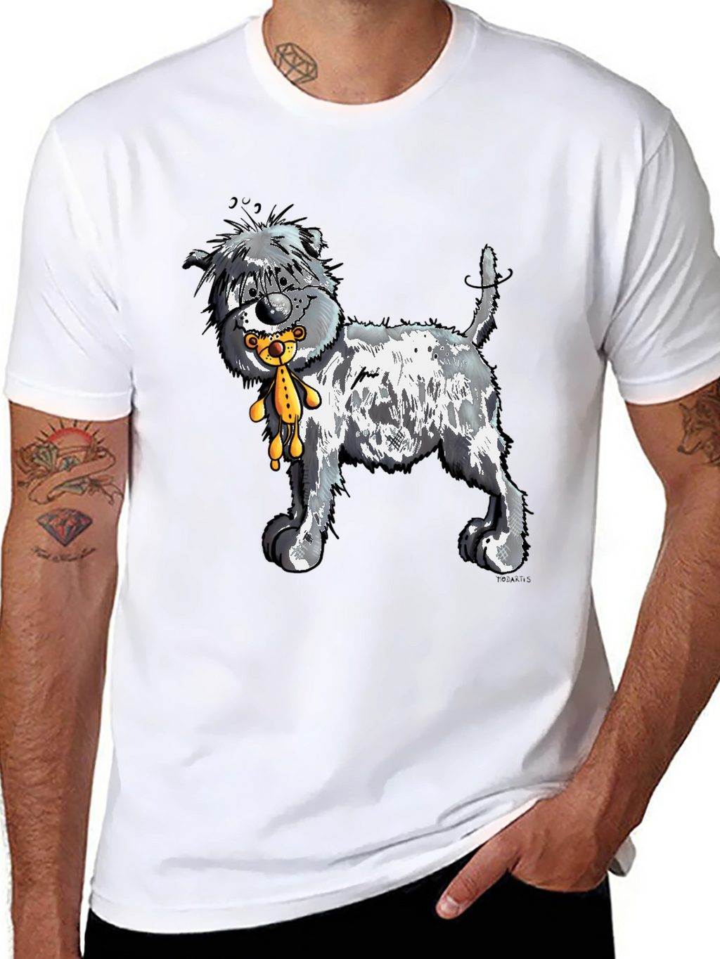 Cartoon Dog with Teddy Bear Graphic Tee - Black