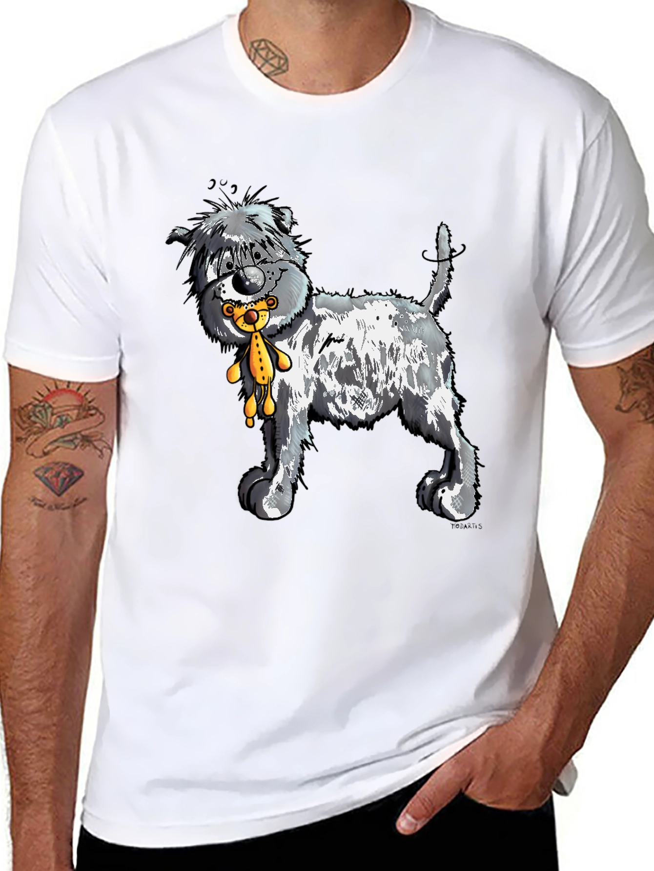 Cartoon Dog with Teddy Bear Graphic Tee - Black