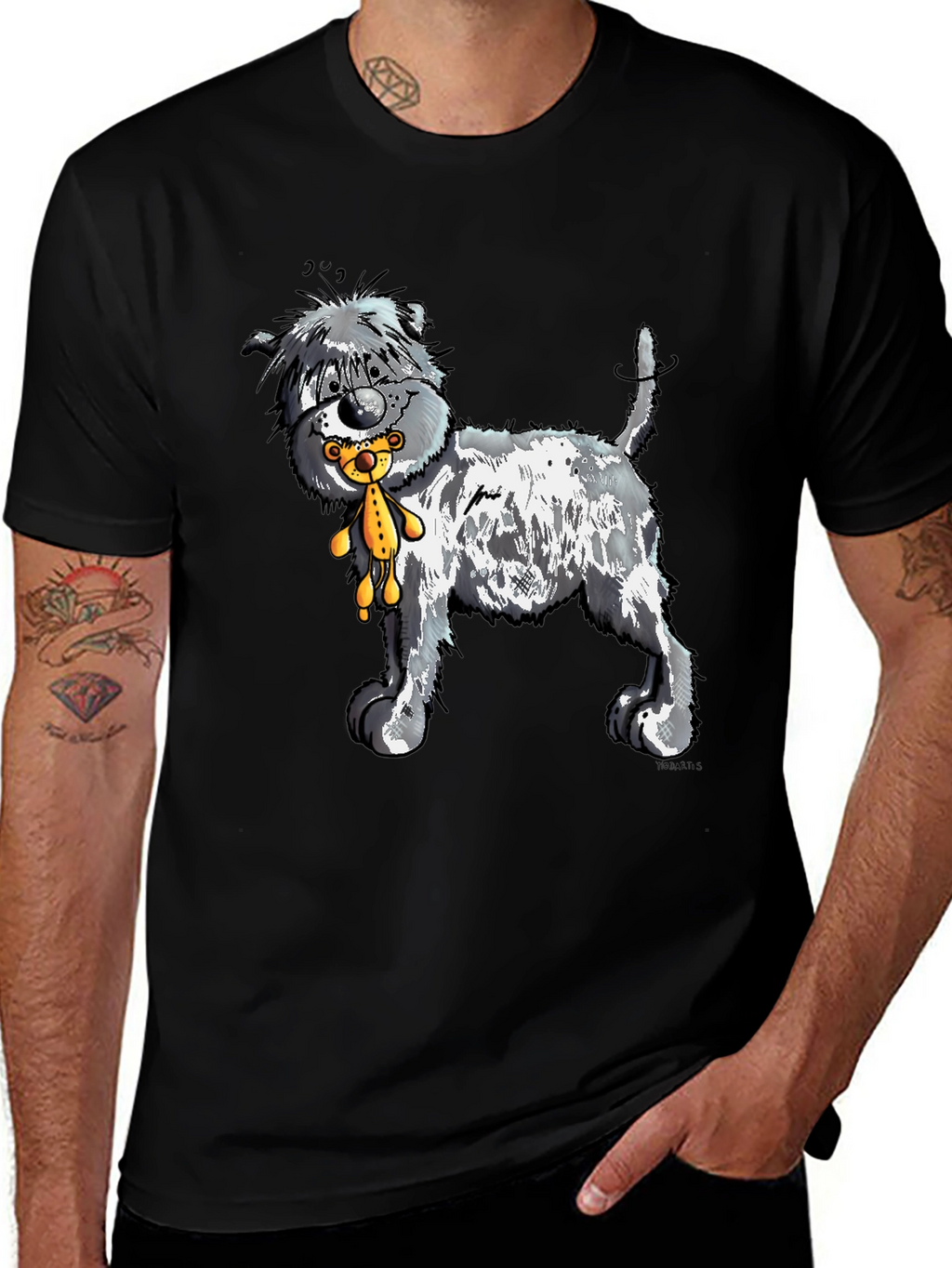 Cartoon Dog with Teddy Bear Graphic Tee - Black