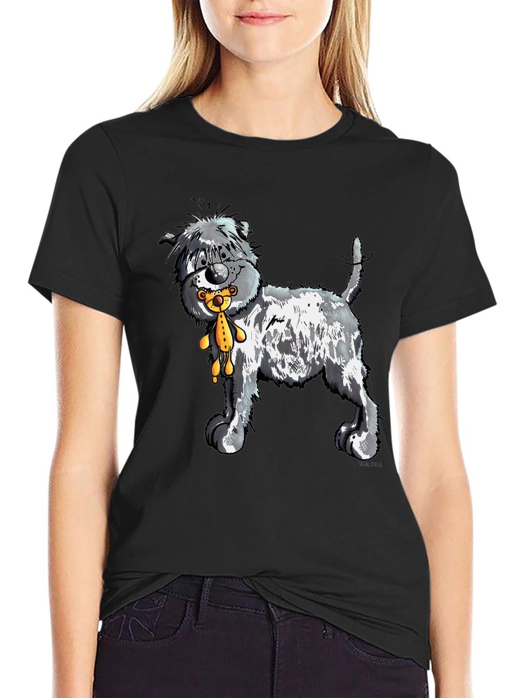 Cartoon Dog with Teddy Bear Graphic Tee - Black