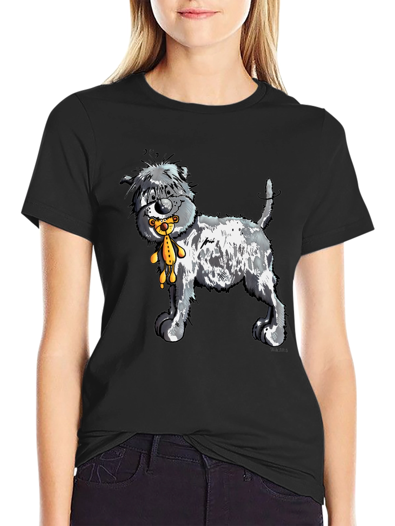 Cartoon Dog with Teddy Bear Graphic Tee - Black